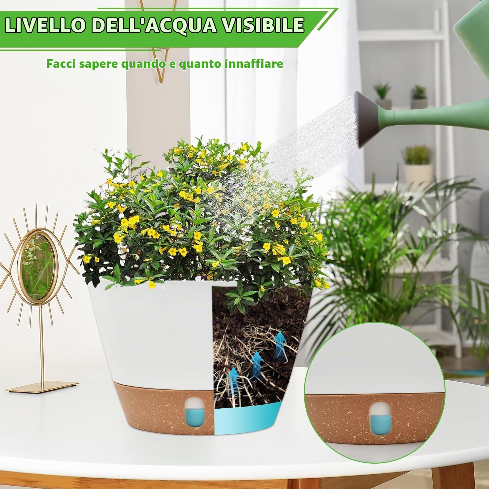 Set 2 Vasi da Fiori Sospesi 25cm, Vasi Auto-Irriganti con Fori di Drenaggio e Sottovaso Rimovibile, Catena 43cm per Balcone, Giardino, Terrazza e Interni