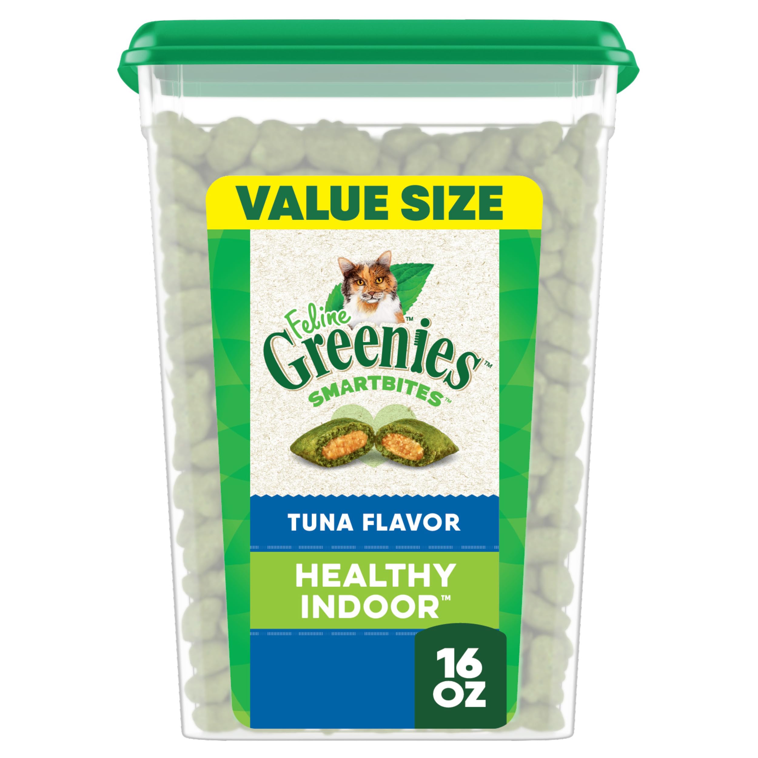 Greenies FELINE SMARTBITES Hairball Control Crunchy and Soft Natural Cat Treats, Tuna Flavor, 16 oz. Tub
