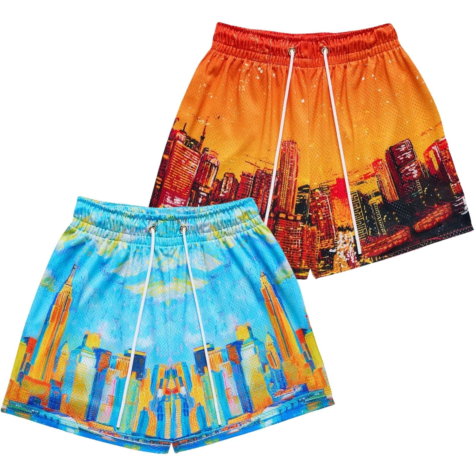 2 Pack Mens Skyline Graphic Basketball Shorts Mesh Quick Dry Summer Cool Athletic Running Casual Streetwear Short Pants