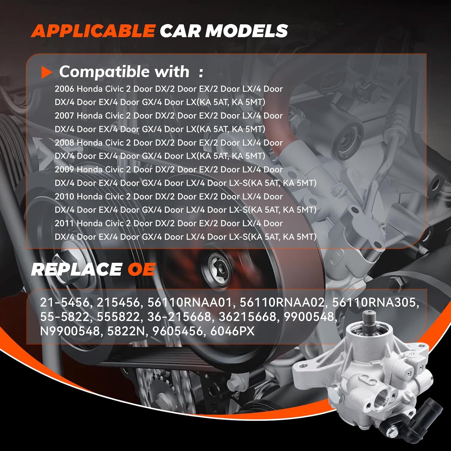 21-5456 Power Steering Pump Assembly Compatible with Honda Civic 2006 2007 2008 2009 2010 2011, 1.8L Power Assist Pump Replace # 56110RNAA01, 36215668