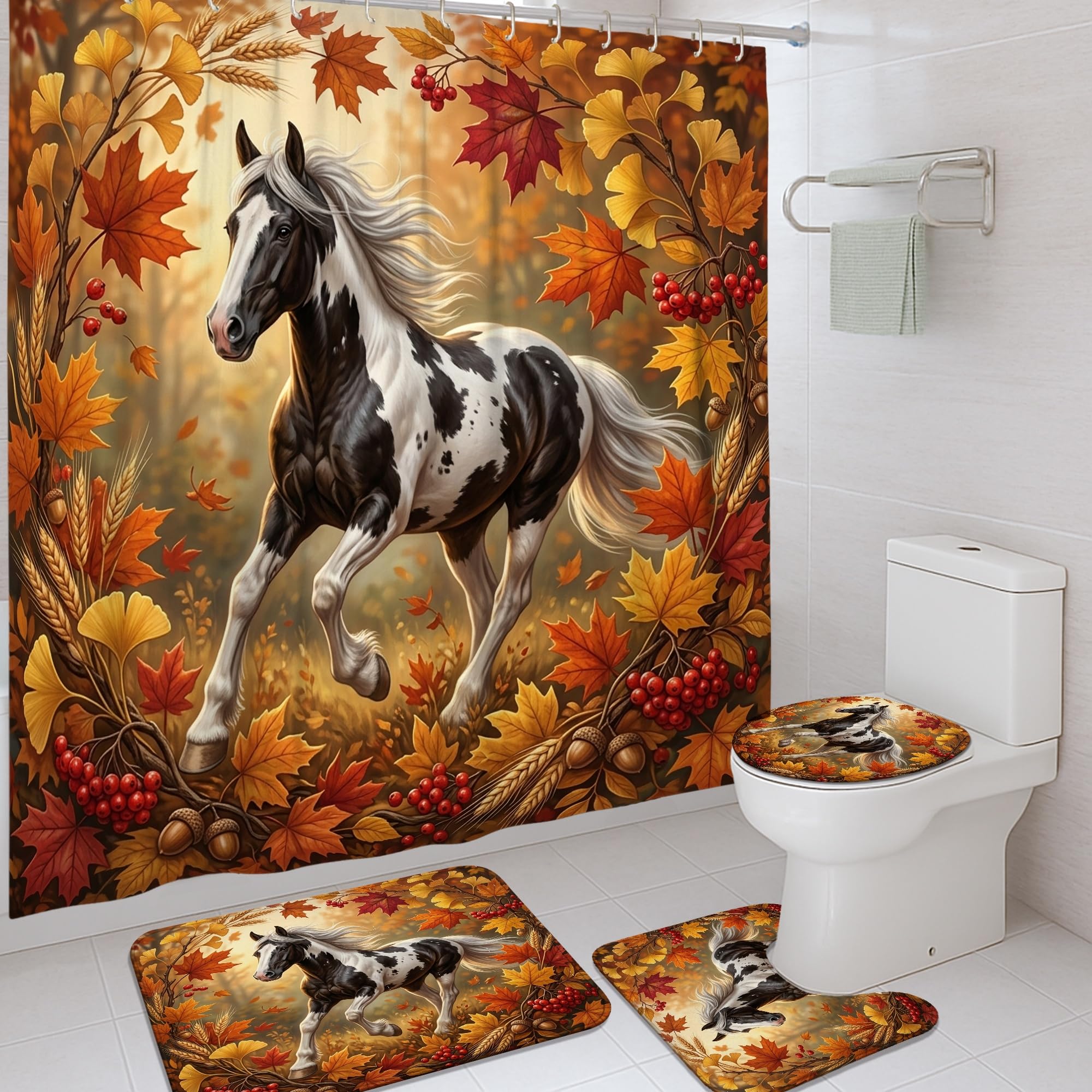 Rideau de douche polyester rideaux de salle de bain motif cheval orange automne