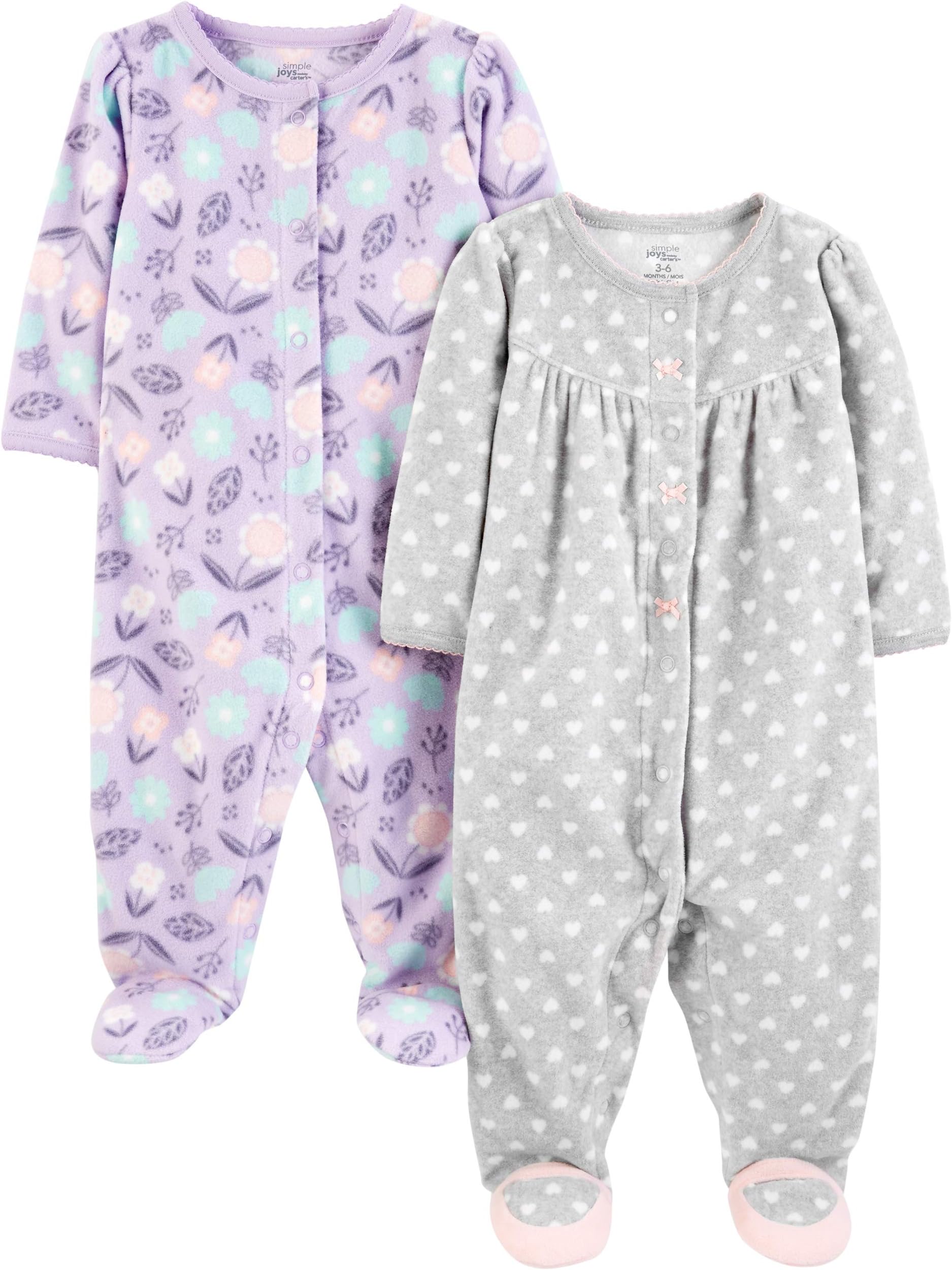 Baby Girls' Cotton and Fleece Footed Sleep and Play, Pack of 2