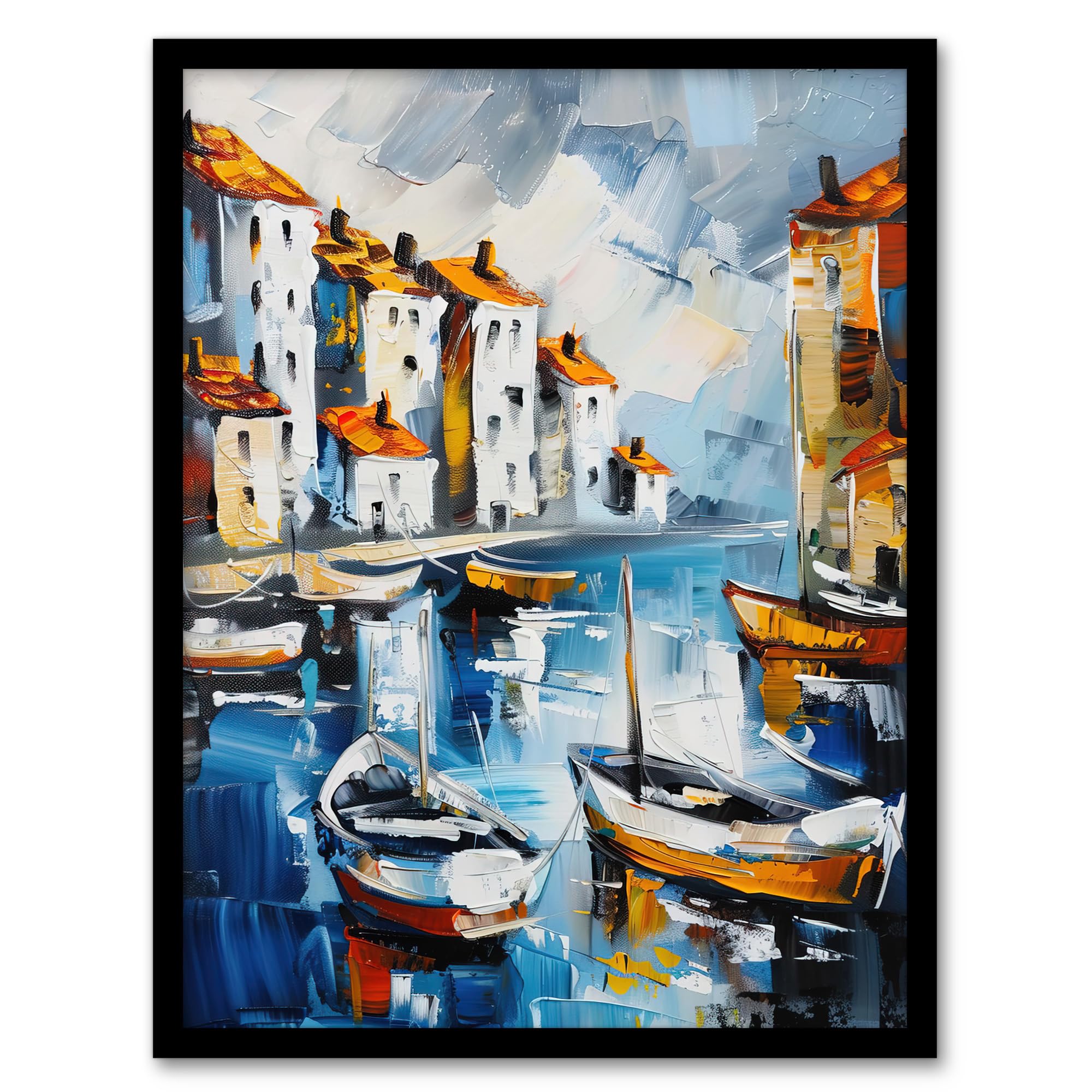 Artery8 Boats in Harbor Fishing Town Coastal Townscape Living Room Artwork Framed Wall Art Print A4