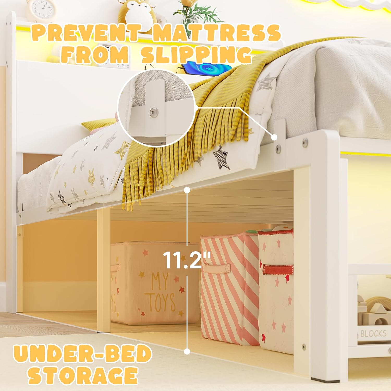 Timy Twin Size Bed Frame with LED Lights Metal Platform Bed for Boys and Girls Wooden Headboard with Charging Station No Box Spring Needed White
