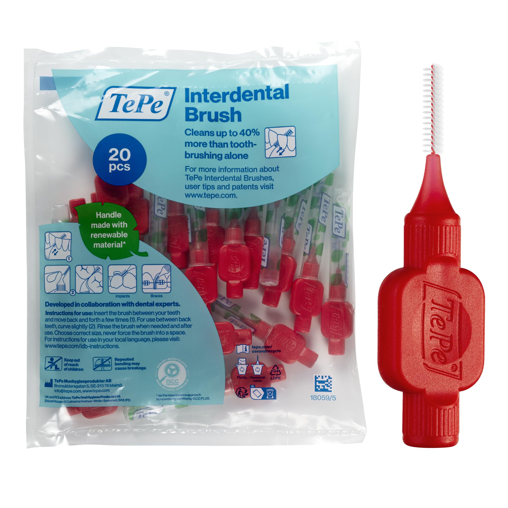 TePe Interdental Brush, Original, Red, 0.5mm/ISO 2, 20pcs, Plaque Removal, efficient Clean Between The Teeth, Tooth Floss, for Narrow Gaps