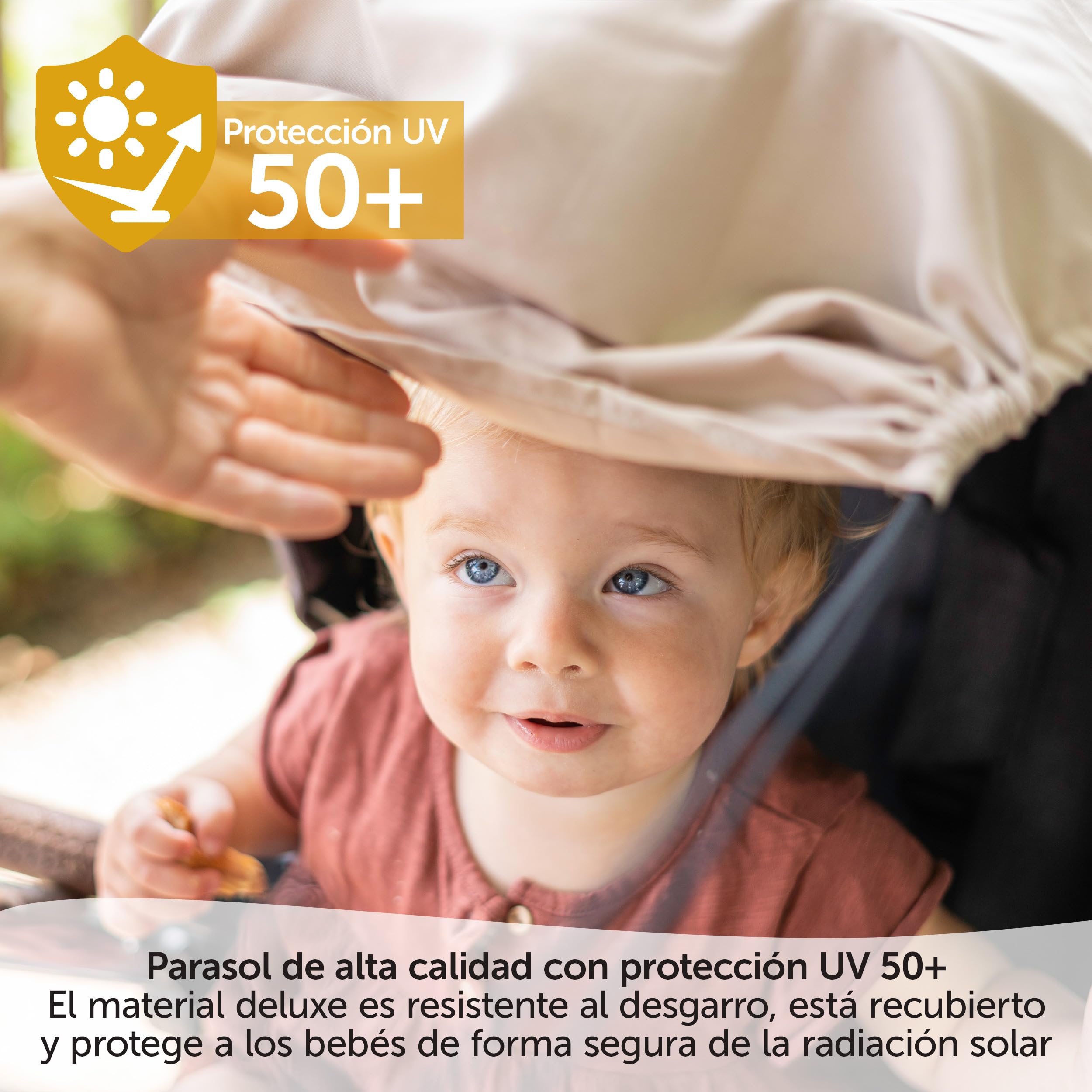 Zamboo Parasol Carrito Bebé Universal con Protección UV 50+ para Silla de Paseo y Capazo - Toldo con Filtro Solar con Recubrimiento Regulable - Capota Protectora - Beige