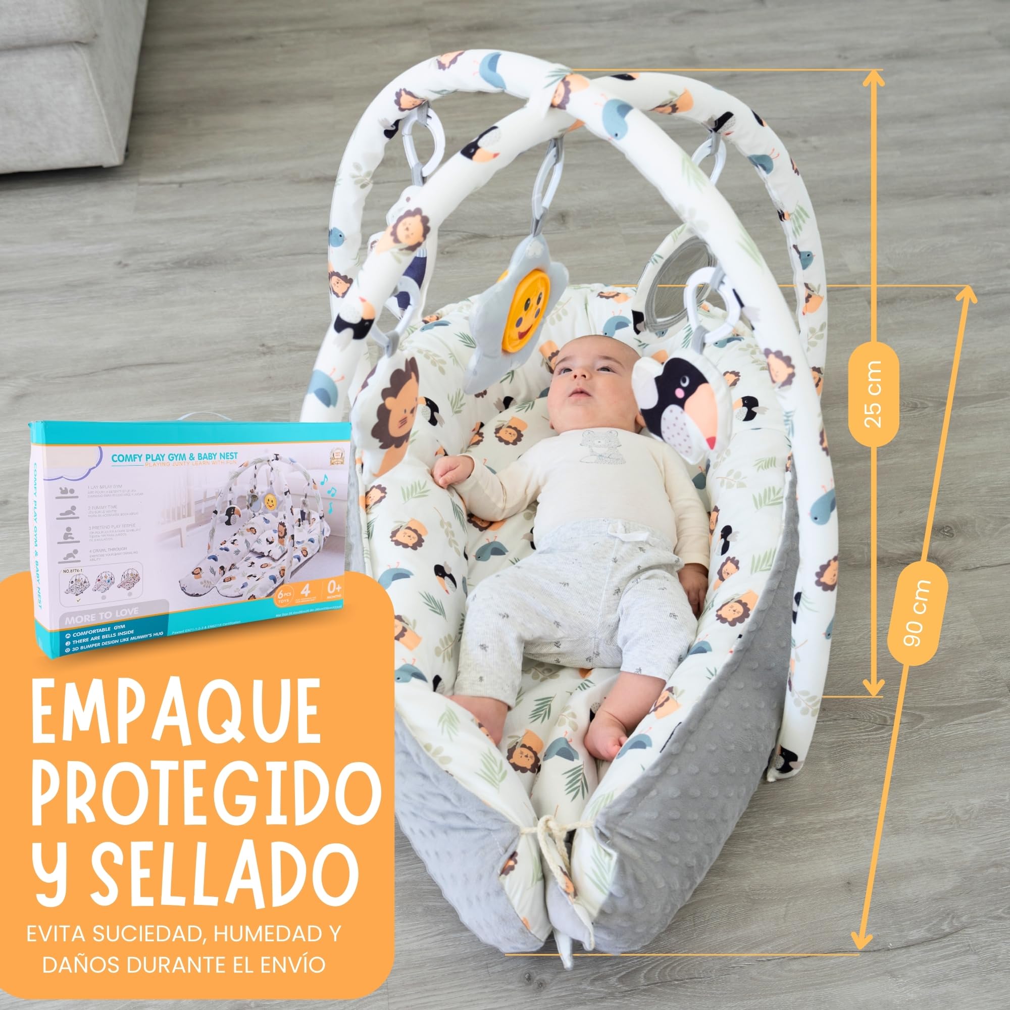 Nido de Bebé Recién Nacido 0-6 Meses - Reductor de Cuna 90cm con Arco de Juegos (5 Piezas Sensoriales) - Nido Colecho de Algodón Transpirable, Desmontable y Lavable
