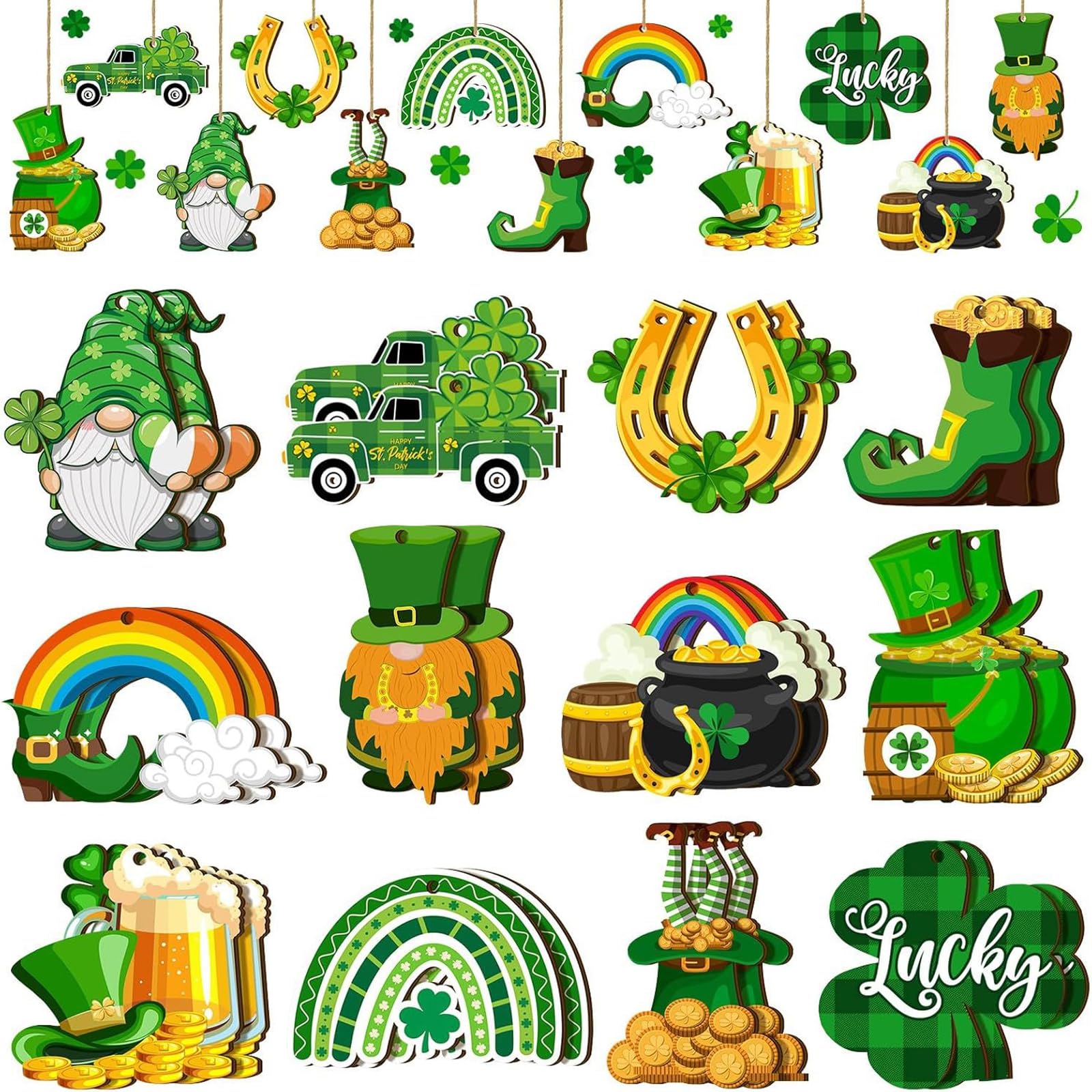 24PCS St Patricks Day Accessories Wooden Hanging Assorted Designs Including Leprechauns Shamrocks Rainbows Beer Green Hanging Sign Ireland St Patricks Day Decorations Home Bar And Party DéCor