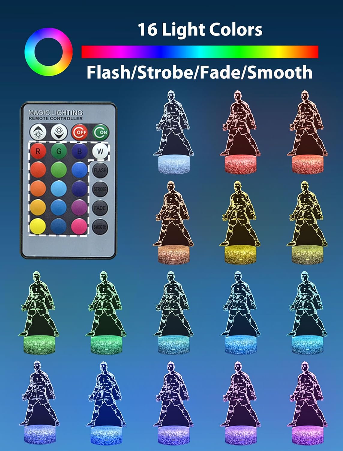 Soccer Night Light for Boys, 16 Colors Changing Dimmable with Remote, Siuuuu Celebration Figurine Lamp, Creative Soccer Decor Gifts for Girls Teens Men Birthday Christmas - Image 6