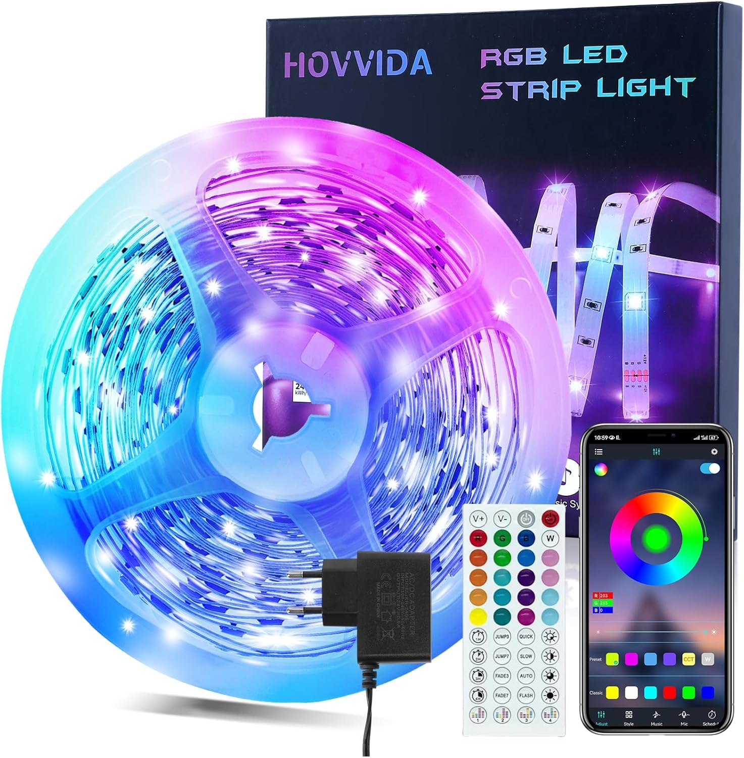 HOVVIDA Taśma LED 10 m, 1 rolka, 30 diod LED/metr, 24 V RGB LED, 300 diod LED, aplikacja i pilot zdalnego sterowania, synchronizacja muzyki, tryb timera, do sypialni, pokoju gier, na imprezę, festiwal