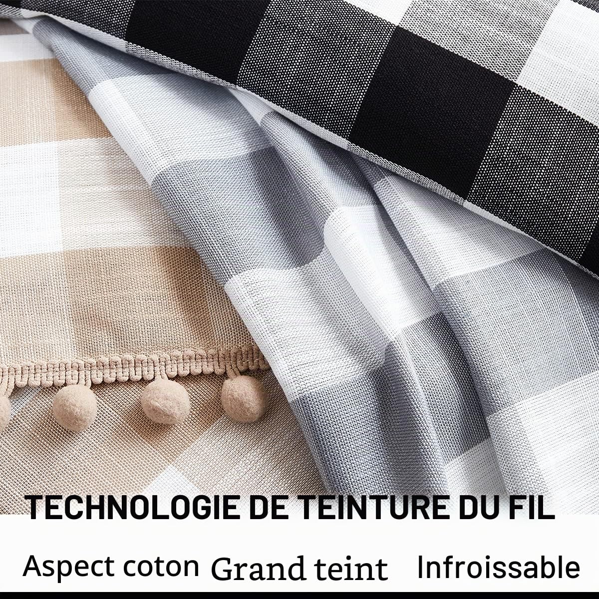 Lot de 2 rideaux semi-transparents à pompons pour salon, beige et blanc, motif à carreaux de buffle filtrant de la lumière, panneaux de fenêtre texturés en lin pour bureau, brun roux, 101.6x228.6 cm