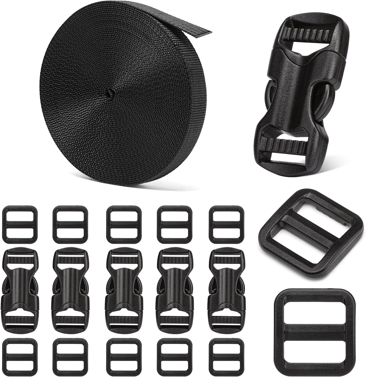 BEYOURD 5/8" Buckle and Strap Set: 6 Yards of Thick Nylon Webbing, 6 Pack Quick Side Release Adjustable Plastic Buckles, 12 Tri-Glide Slide Clips, Black (5/8 Inch Combo Set)