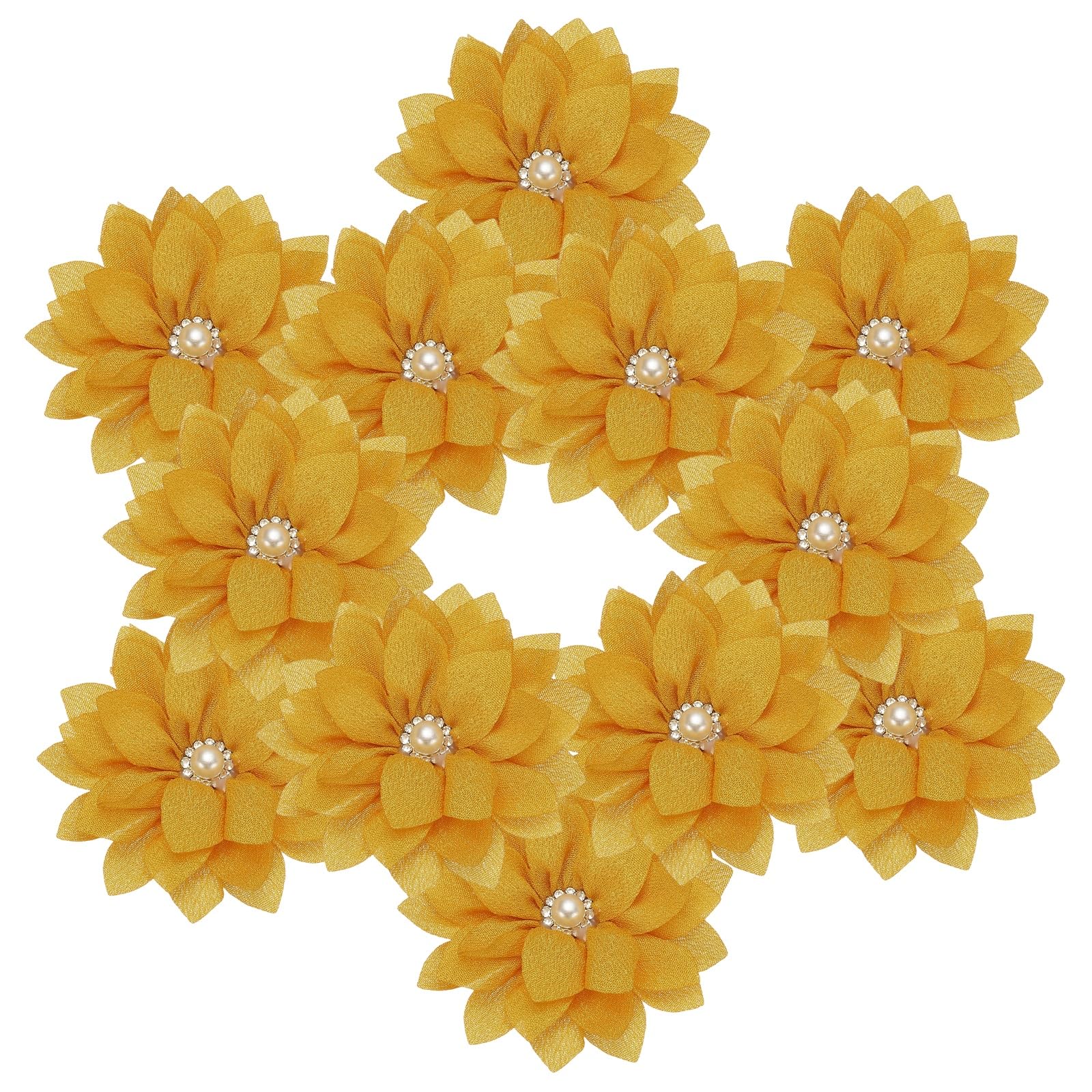 Fleurs en mousseline 6cm PATIKIL jaunes avec strass pour couture robe et DIY (12 pcs)