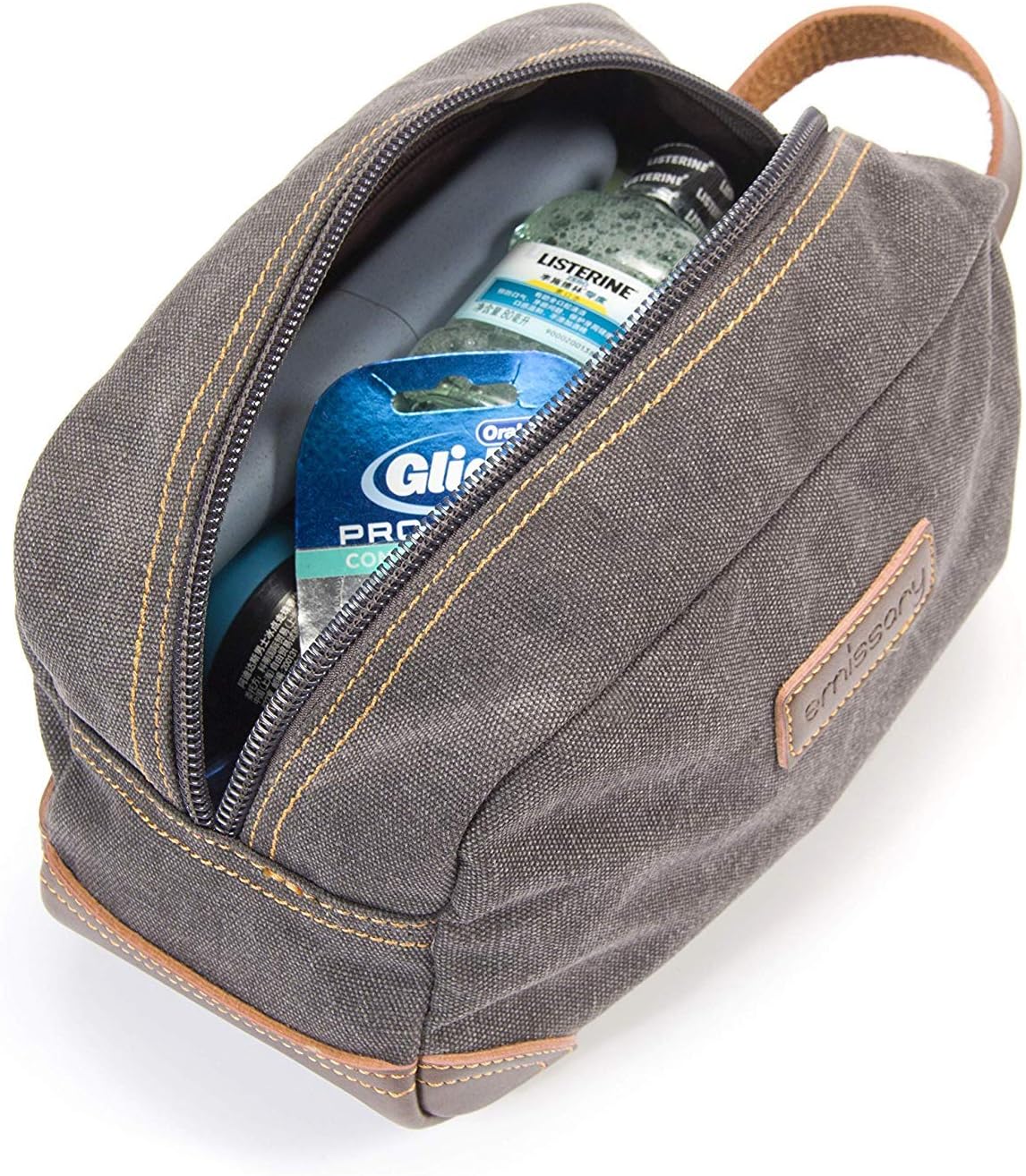 emissary Men's Toiletry Bag Leather and Canvas Travel Toiletry Bag Dopp Kit for Men Shaving Bag for Travel Accessories (Gray)