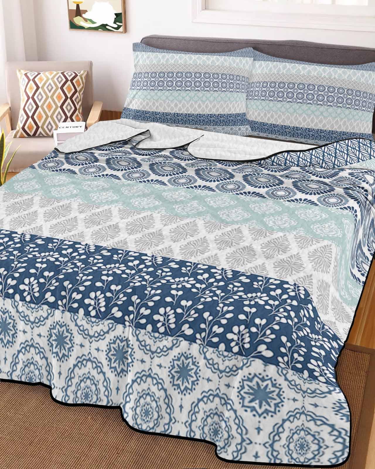 3-Piece Summer Quilt Twin Size, Blue Striped Lightweight Cooling Bedding Comforter Blanket with 2 Pillow Shams, Boho Modern Geometric Abstract Art Ethnic Bedspreads Quilted Coverlet Sets 68