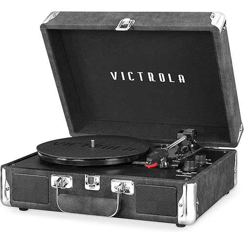 Victrola Journey Bluetooth Portable Suitcase Record Player – with Built-in Speakers, 3 Speed Vinyl Record Player, RCA Out, Headphone Jack (Gray)