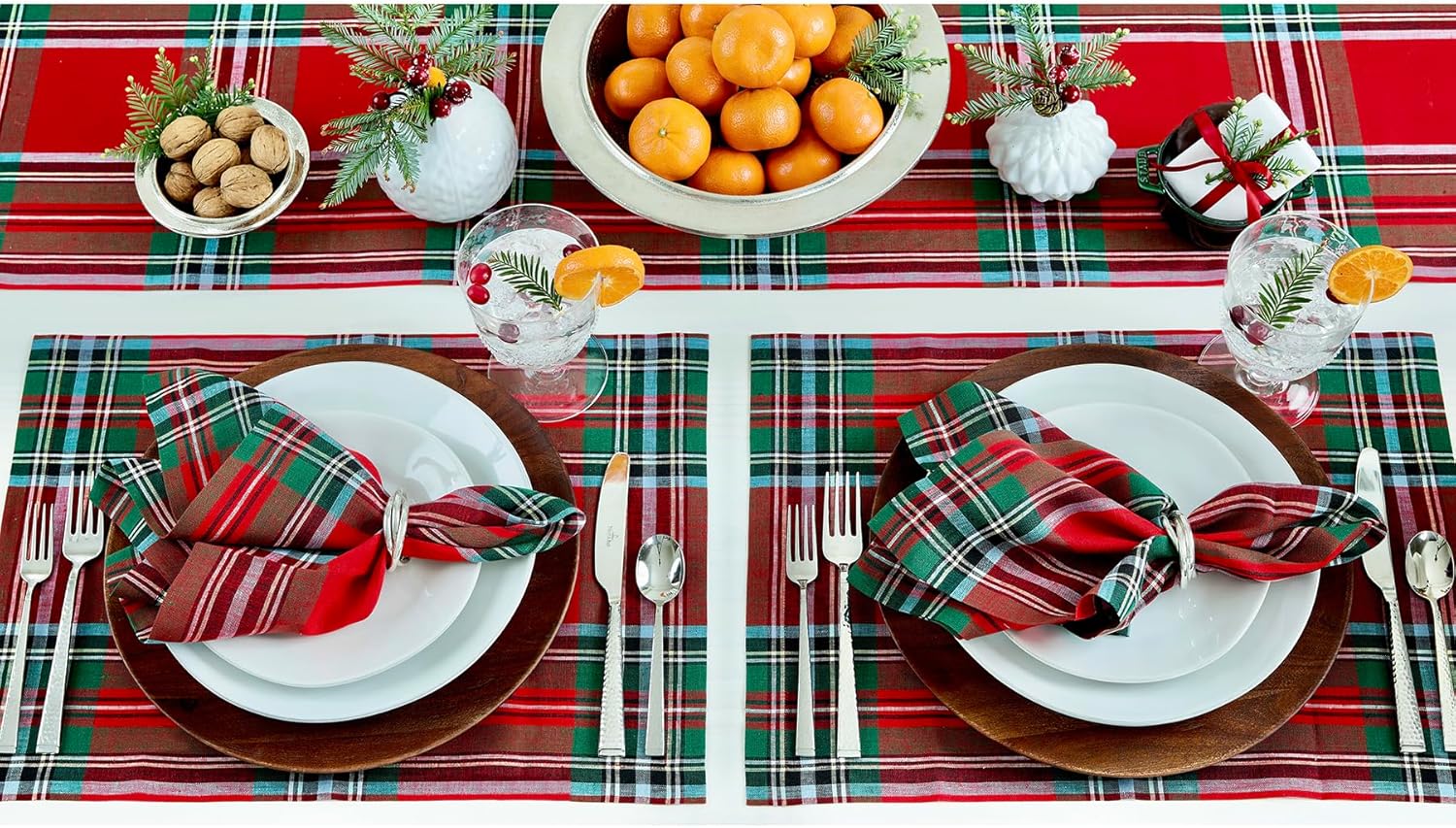 Solino Home Placemats Set of 4-100% Pure Linen Red Madras Holiday Tartan Plaid Placemats 14 x 19 Inch - Handcrafted and Machine Washable