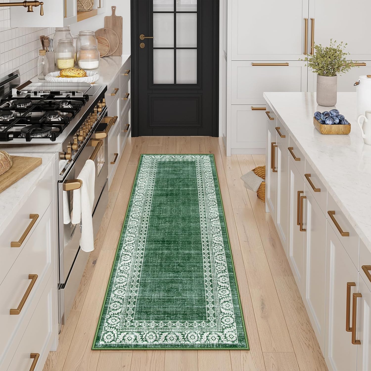 Lahome 2x6 Green Bathroom Runner Rugs Non Slip Washable,Carpet Runners for Hallway 6ft Kitchen Rug Runner,Bordered Indoor Carpet Runners for Laundry Room Bedroom Entryway(2'x6',Green)