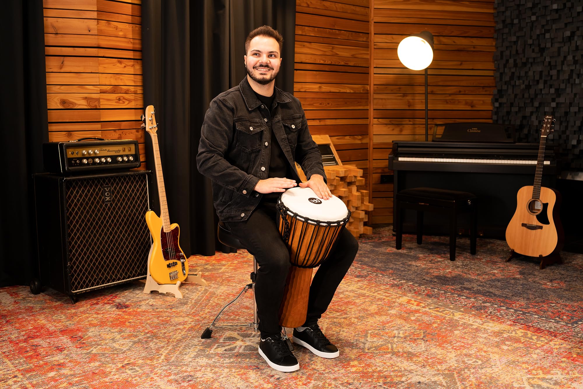 Djembe Hand Drum Circle Instrument, Carved Mahogany Headliner Series — NOT MADE IN CHINA — African Mali Weave Ropes, 2-YEAR WARRANTY