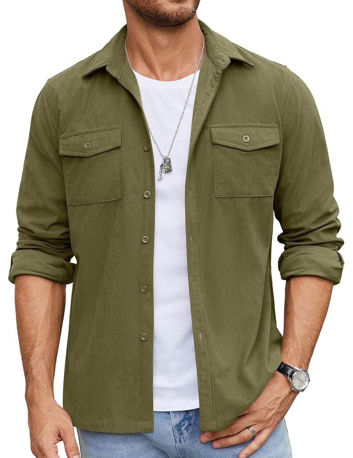 COOFANDY Mens Button Down Waffle Shirt Jacket Casual Long Sleeve Shacket Lightweight Overshirts with Flap Pockets