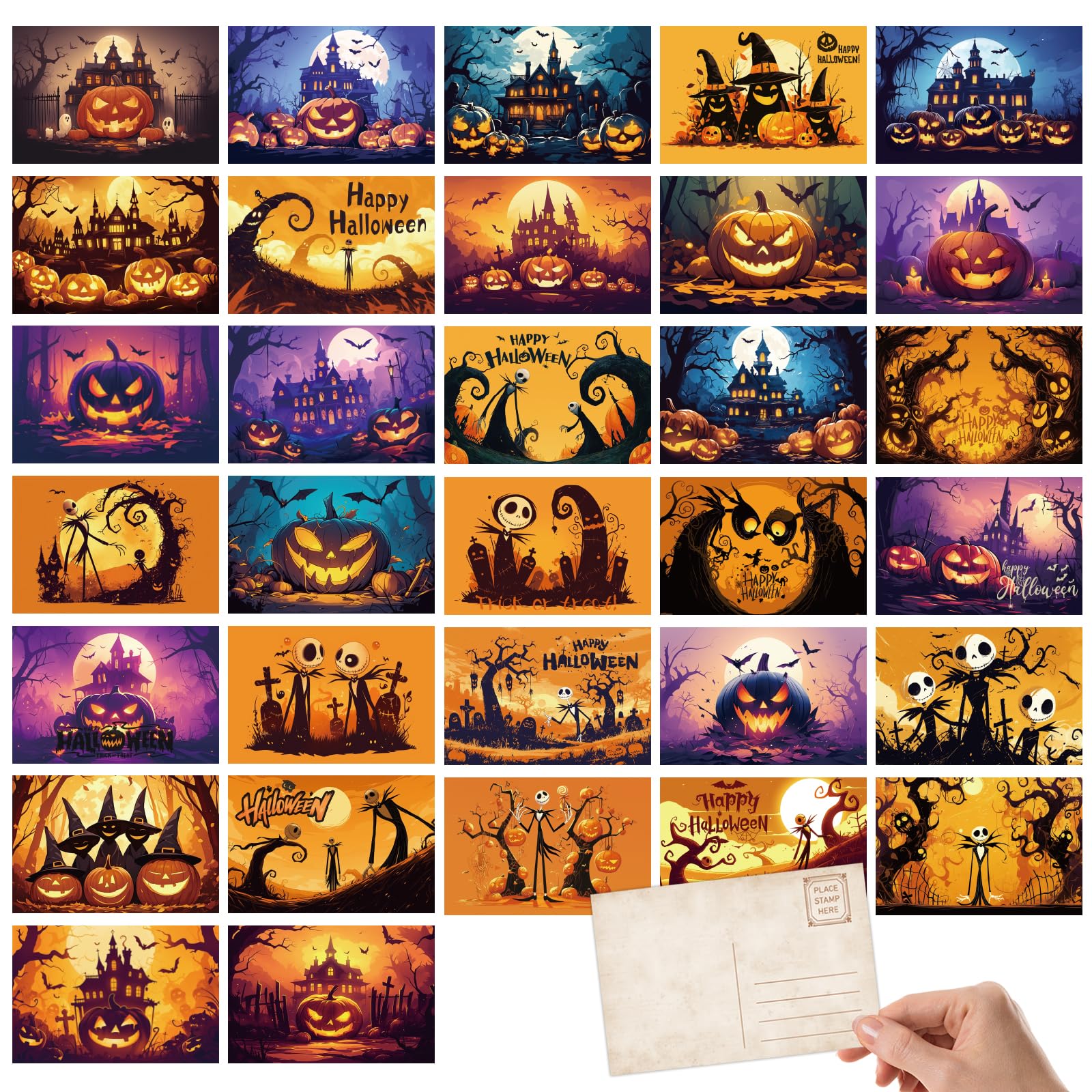 Tlenpo 32 Cute Halloween Postcards, Scary Pumpkin Skeleton Man Gift Cards, Halloween Post Cards Wall Decoration, Vintage Postcards for Family and