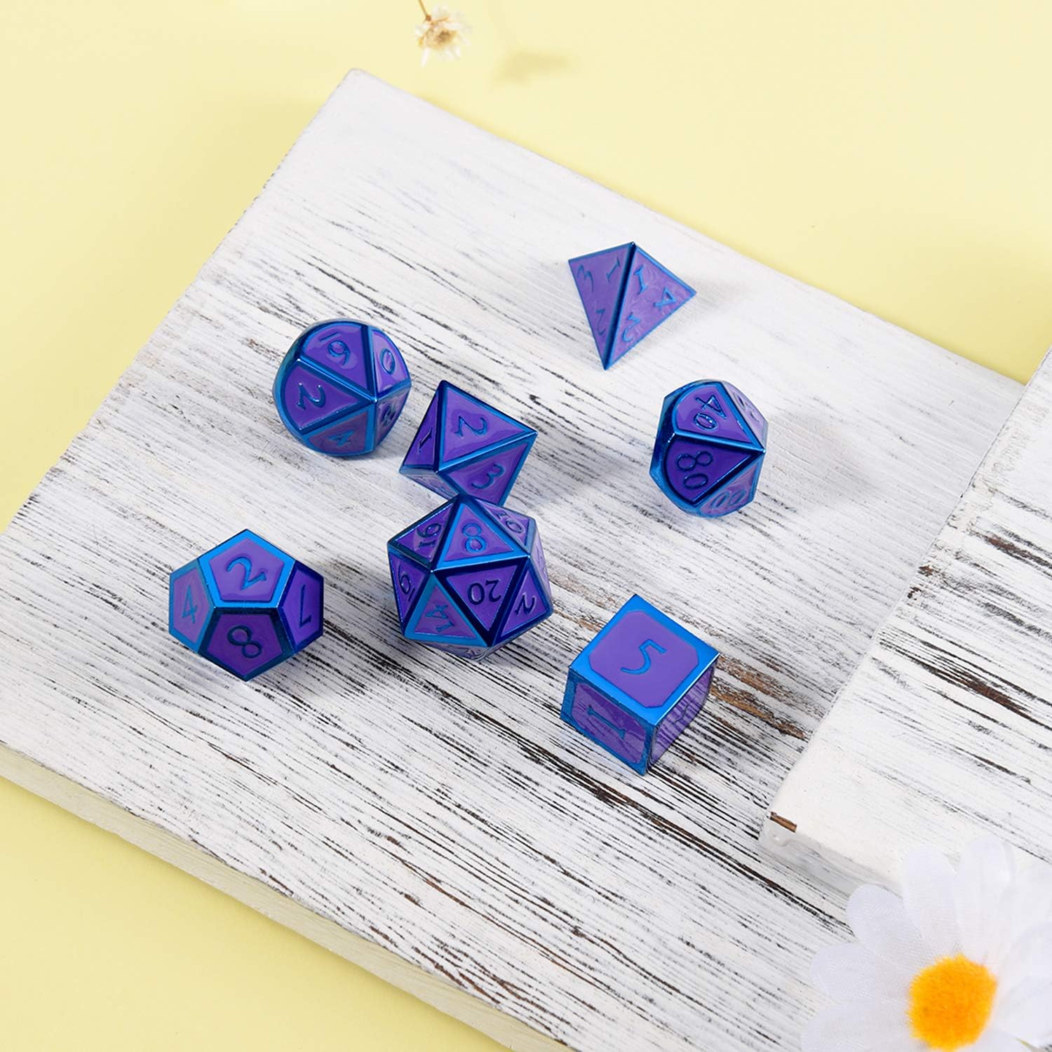 HESTYA 7 Pieces Metal Dices Set Game Polyhedral Solid Metal Dice Set with Storage Bag and Zinc Alloy with Enamel for Role Playing Game, Math Teaching (Blue Edge Purple)