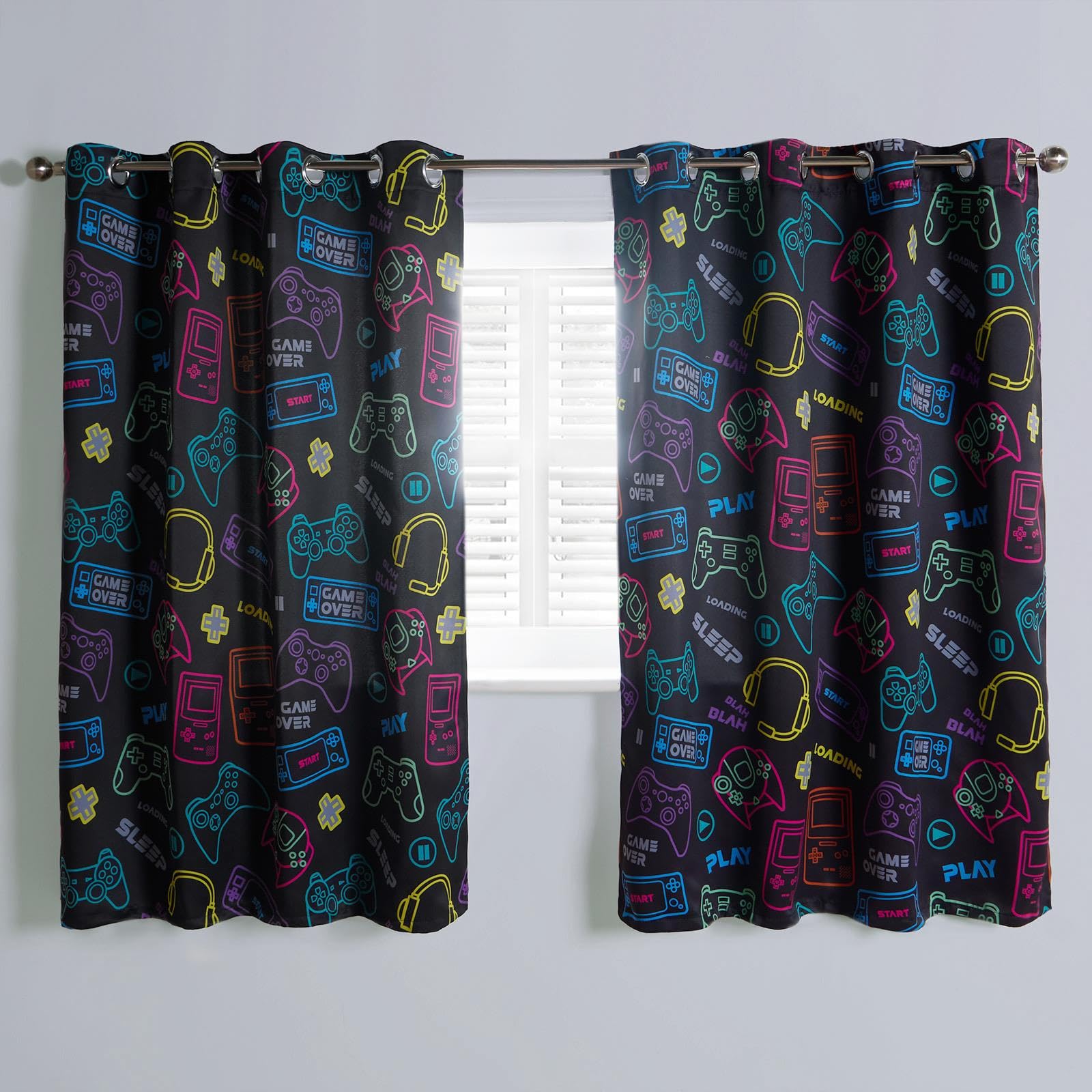 OHS Gaming Curtains for Boys Bedroom, Blackout Eyelet Curtains Energy Saving Home Accessories Kids Curtain Decorative Two Panels - Black, 66" x 54"