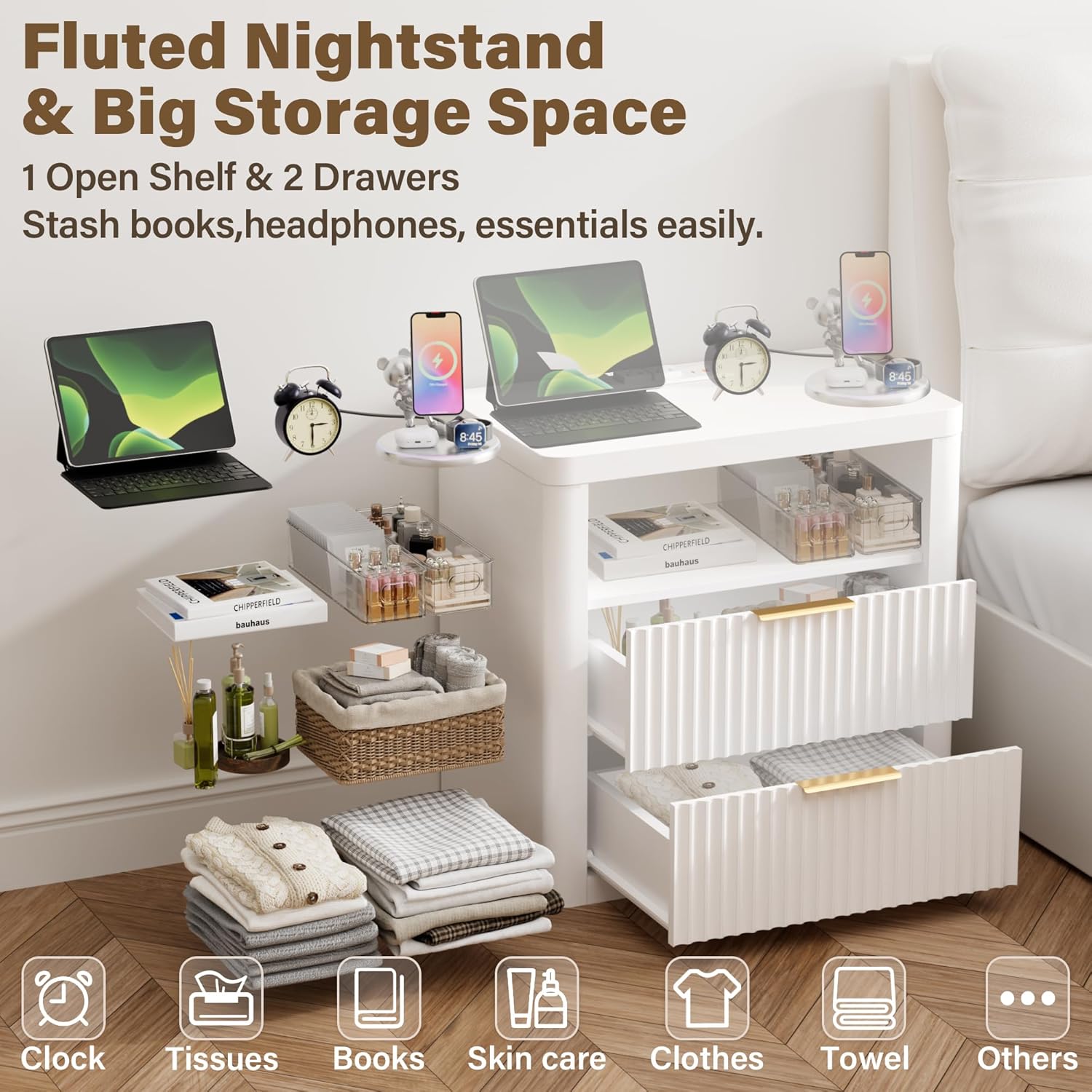 YESHOMY Fluted Nightstands Set of 2 with Charging Station,24" Night Stand with 2 Drawers and Storage Shelf,RGB LED Lighting,Arc Edge Fluted Bedside Table for Bedroom,Pure White