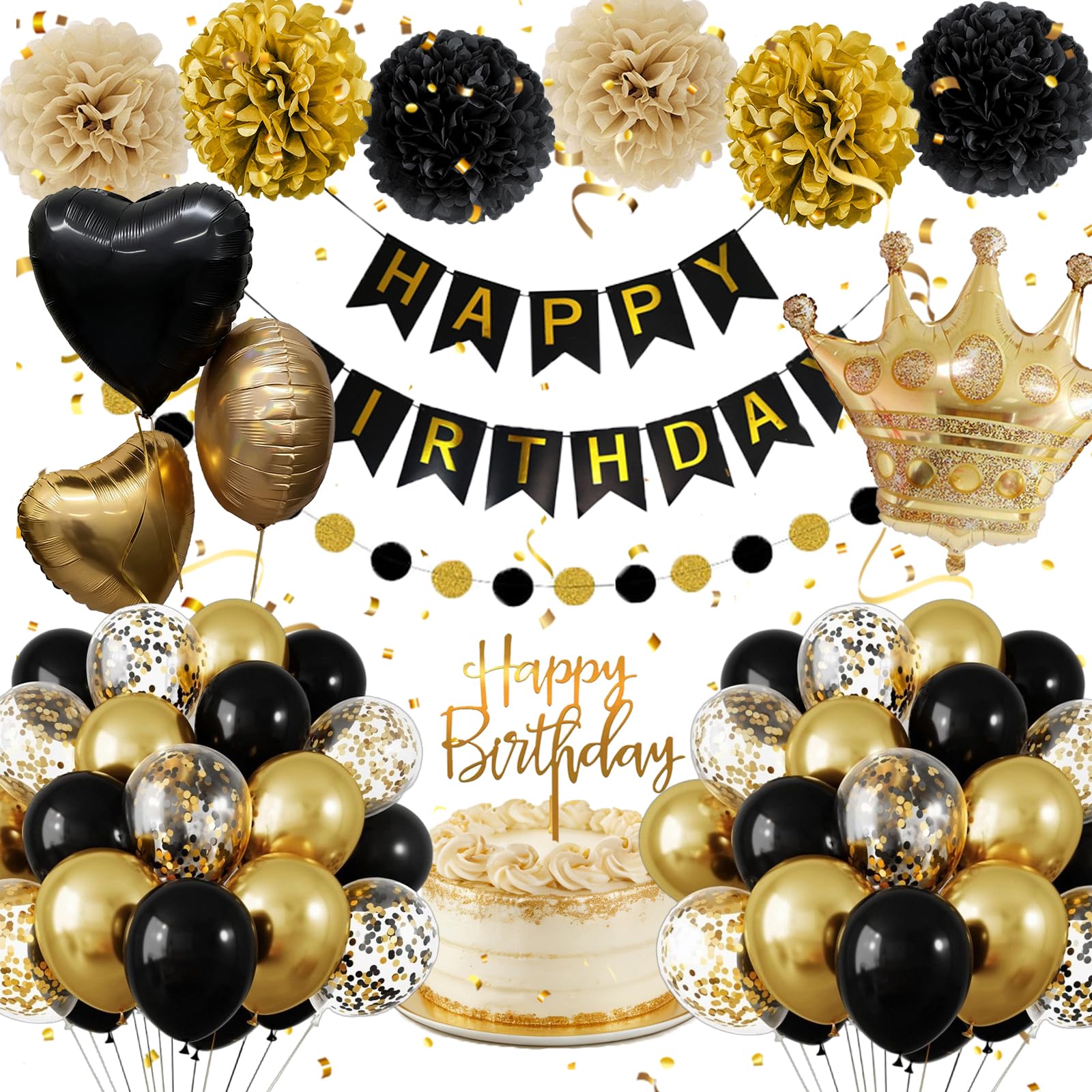 Black and Gold Party Decorations,Black and Gold Birthday Decorations for Women Men,Happy Birthday Banner Decorations, Crown and Heart Birthday Balloons,Confetti Balloons,Birthday Decor for Boys Girls — image 1