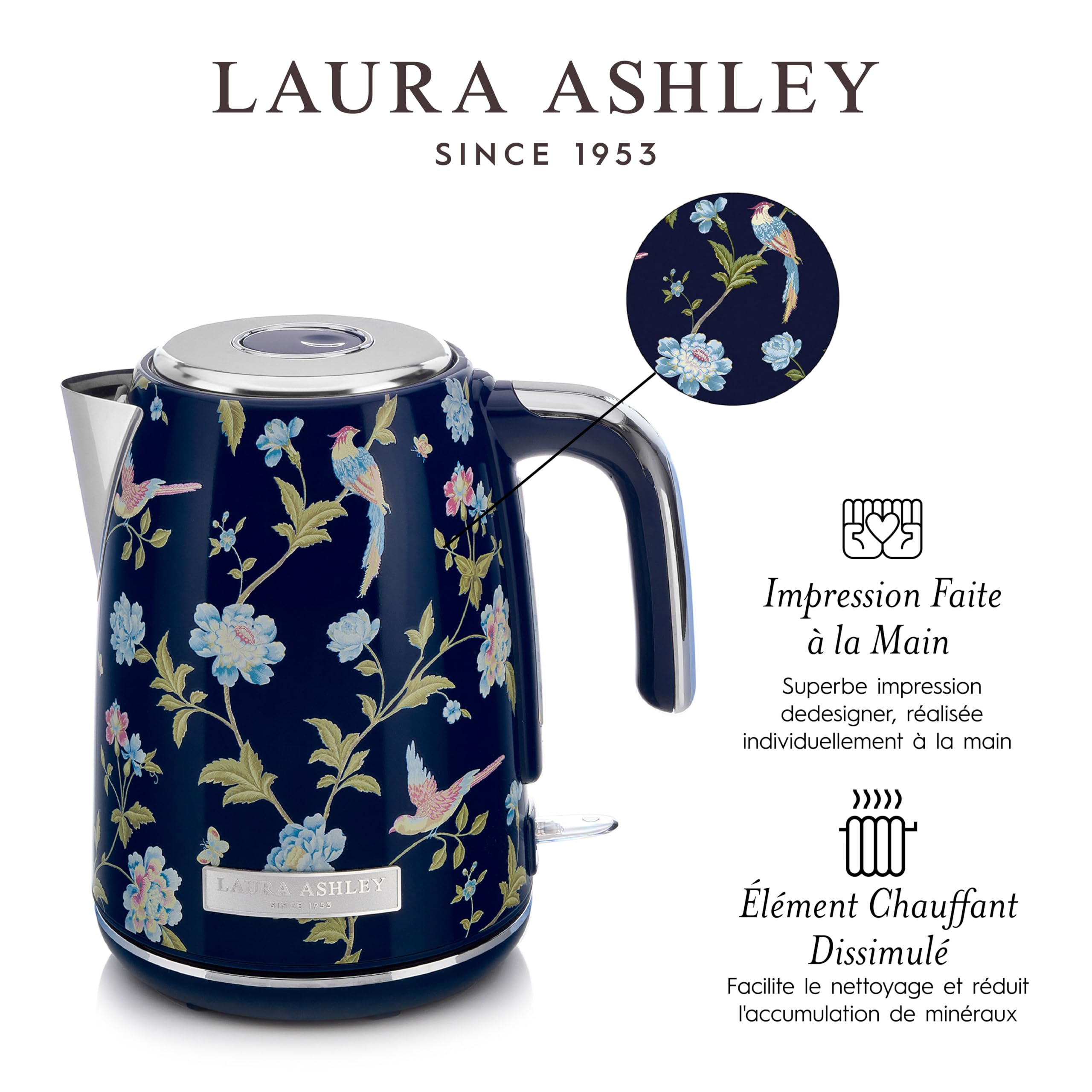 Laura Ashley Ensembles Bouilloire et Grille-Pain par VQ – Bouilloire Electrique 1,7 L à Ébullition Rapide et Grille-Pain 2 Tranches avec Fonctions Décongélation et Réchauffage – Elveden Bleu