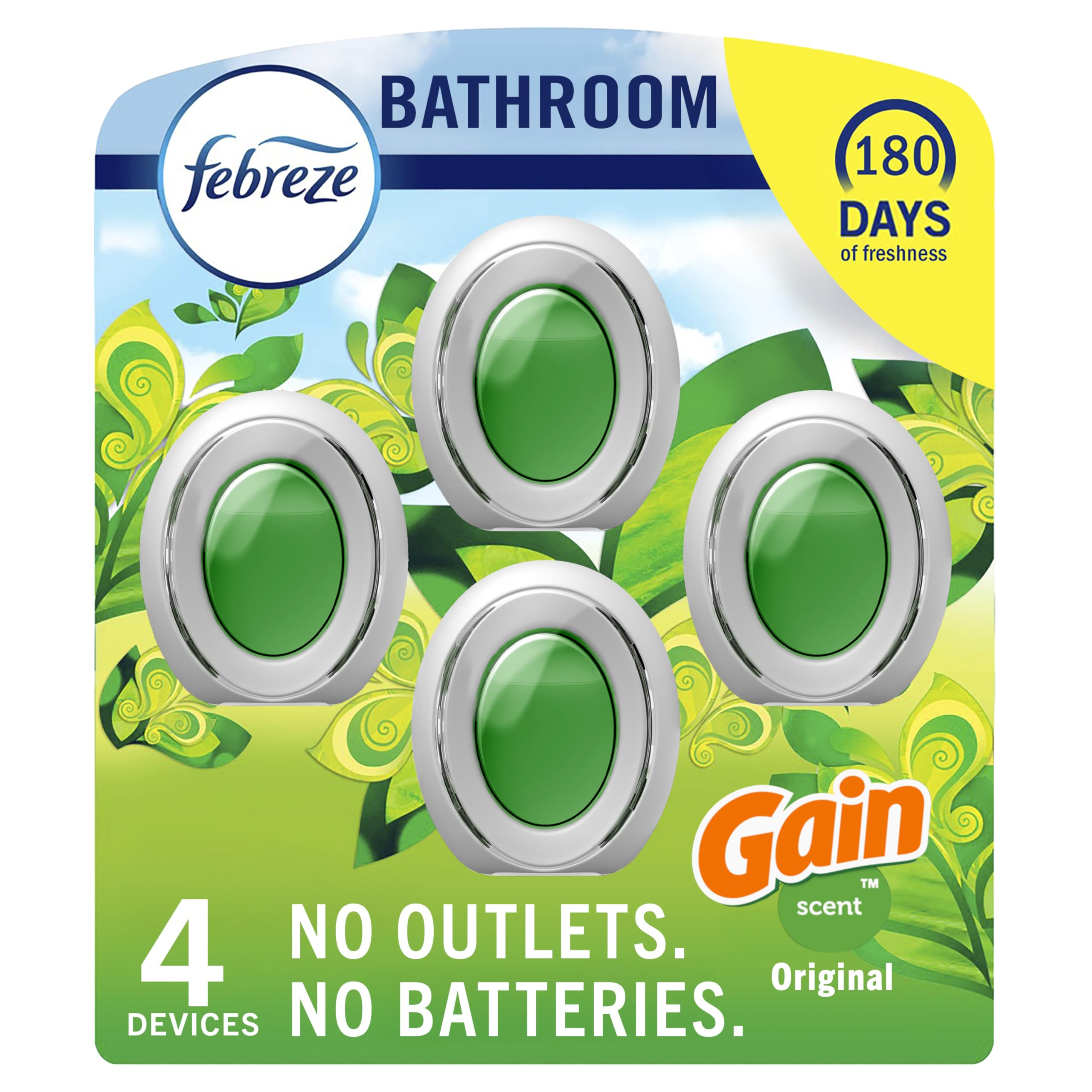 Febreze Bathroom Air Freshener, Odor-Fighting, Plug In Alternative, Air Fresheners for Home and Bathroom and Kitchen, Closet Air Fresheners, Gain Original Scent, 4 Count