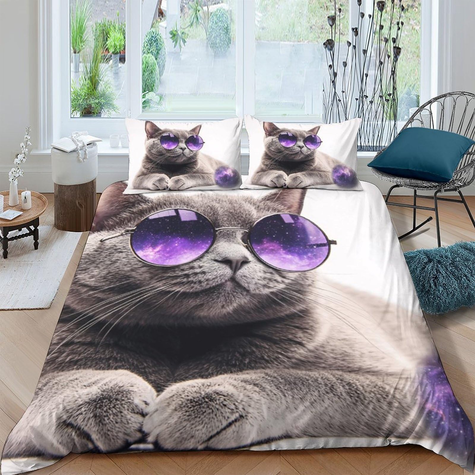 Ctjqhvkz Style-1 3D Printed Cat With Purple Sunglasses Fitted Sheet Microfiber Soft Bed Cover For Bedroom Dorm Mattress Protection Decor Single（135X200cm）