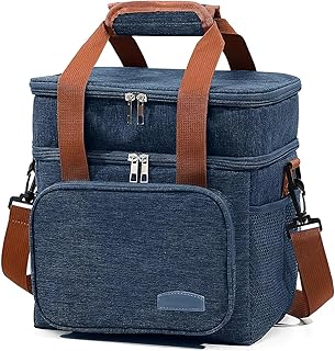 Large Multi-Level Insulated Cooler Bag, Navy Blue with Brown Straps, Portable Picnic Bag Large Capacity 15L - Navy