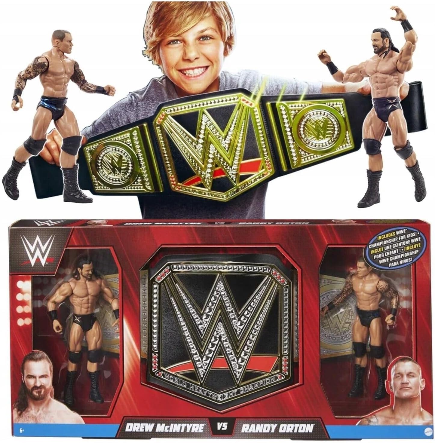 Mattel WWE Championship playset with Drew McIntyre vs. Randy Orton dolls