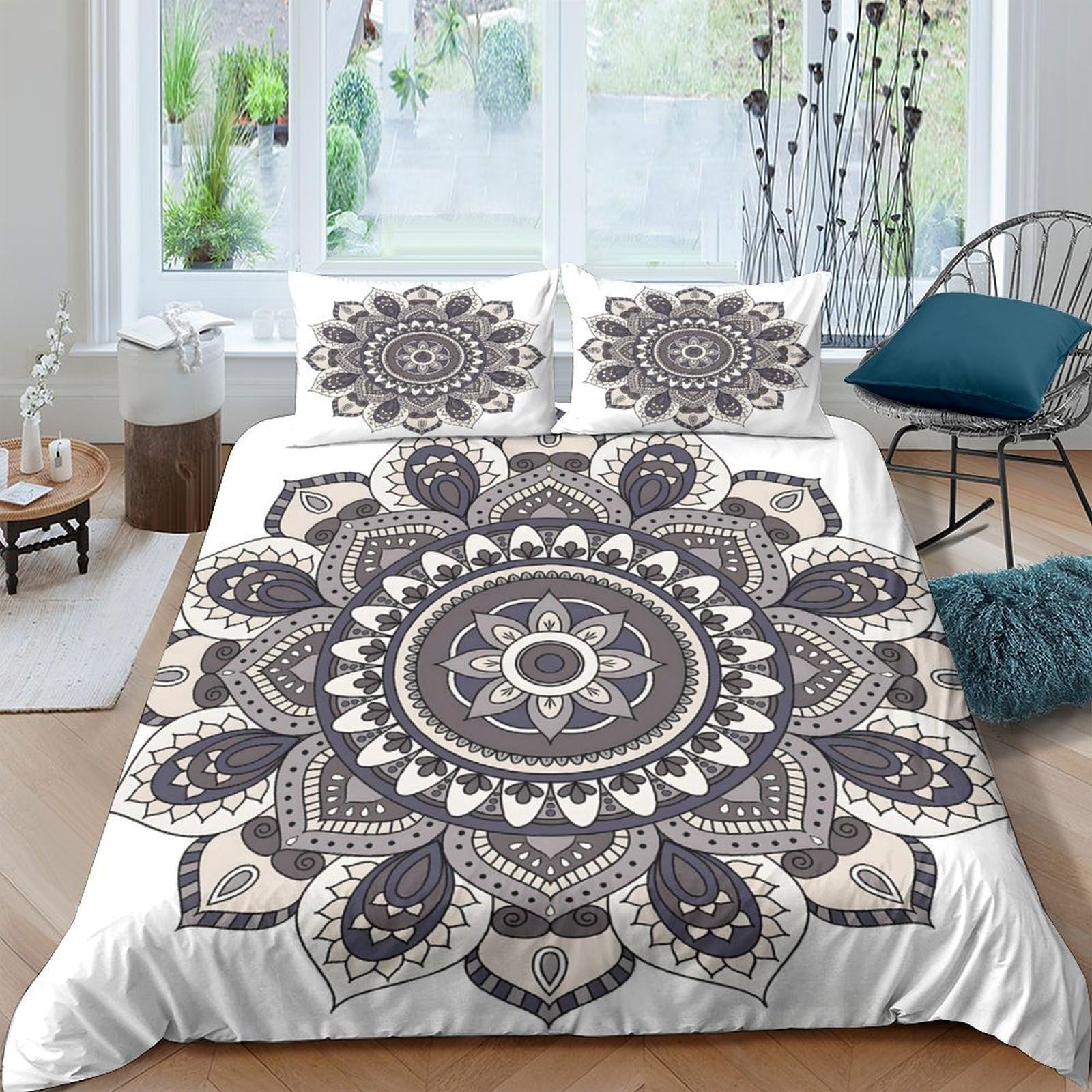 TUFRTGYHN 3D Printed Mandala Pattern Duvet Cover Set Microfiber Soft Breathable Floral Quilt Cover with 2 Pillowcases for Bedroom Decor Single（135x200cm）