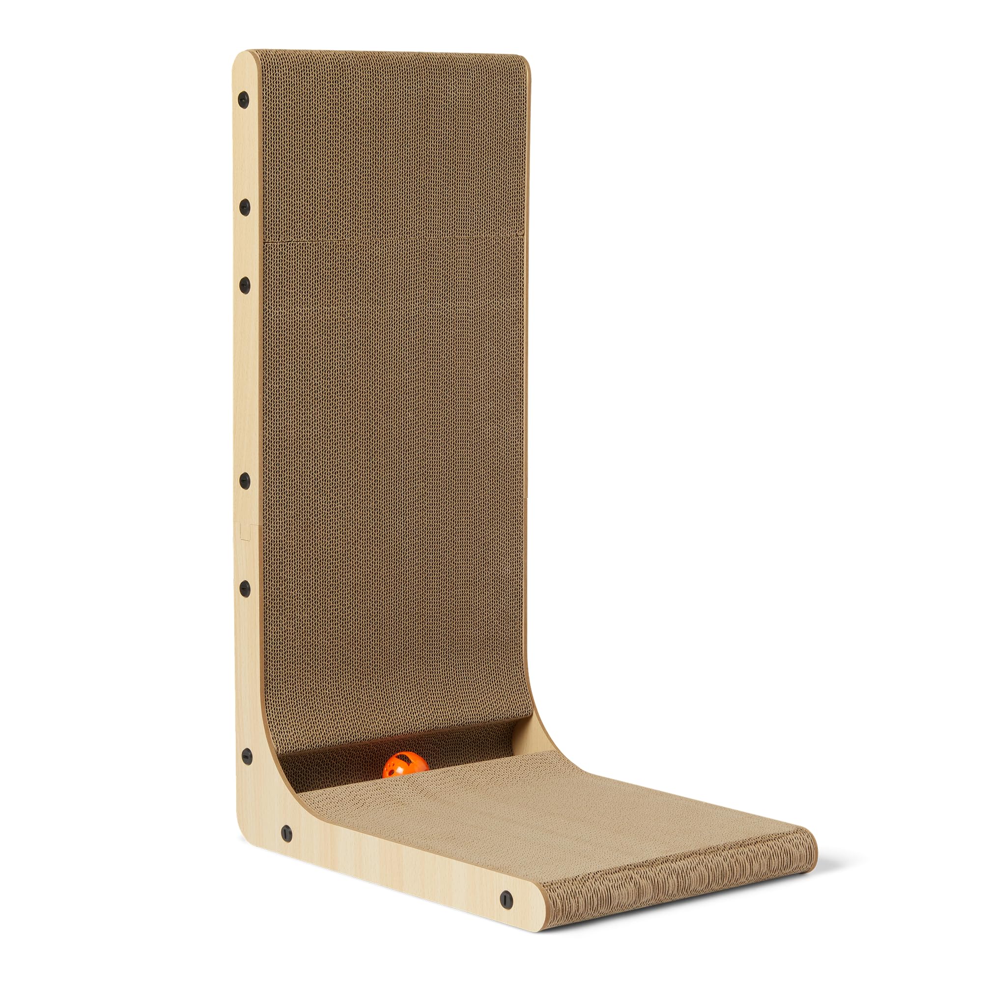 Amazon Basics Cat Scratcher, L-Shaped with Catnip and Interactive Ball Toy, Corrugated Cardboard, Wall Climber, FSC Certified, 41.9 x 29.0 x 68.0 cm, for Indoor Cats and Kittens