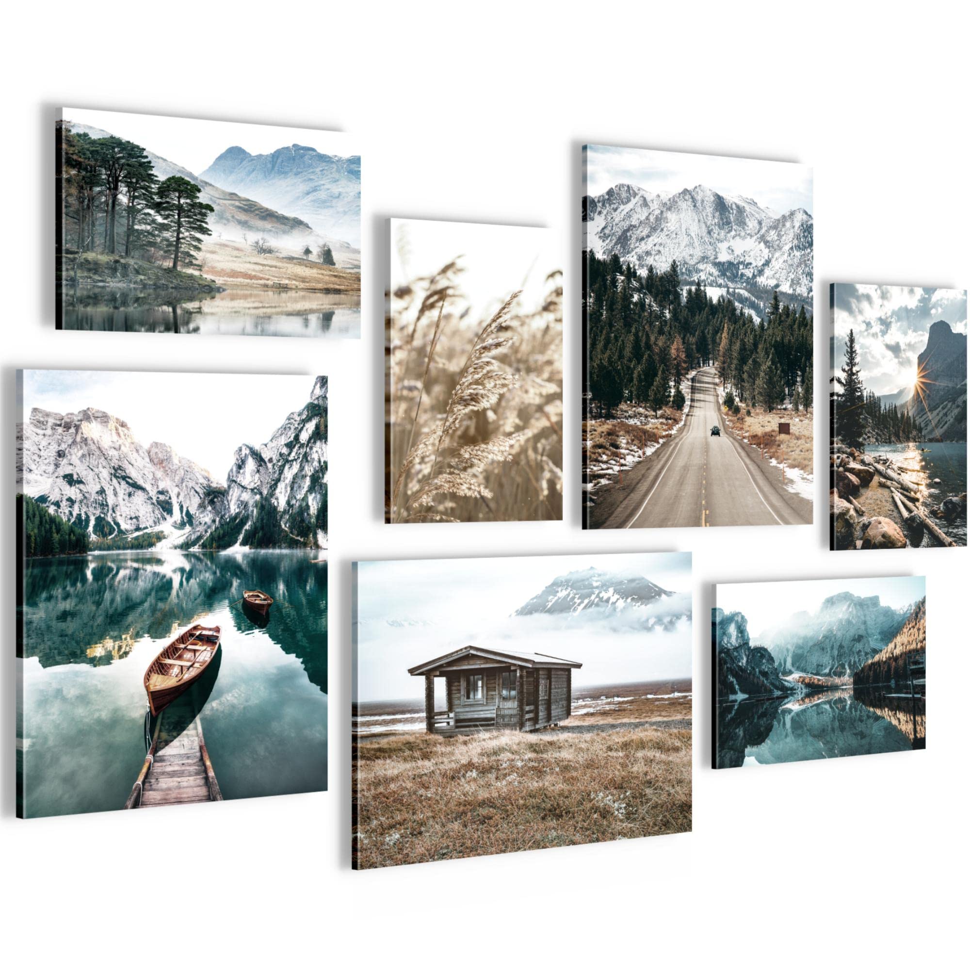 Novart Wandbilder See Berge Landschaft - KOMPLETT AUFHÄNGFERTIG - Natur Wohnzimmer Schlafzimmer - 7 Moderne Mood-Bilder - N007371a