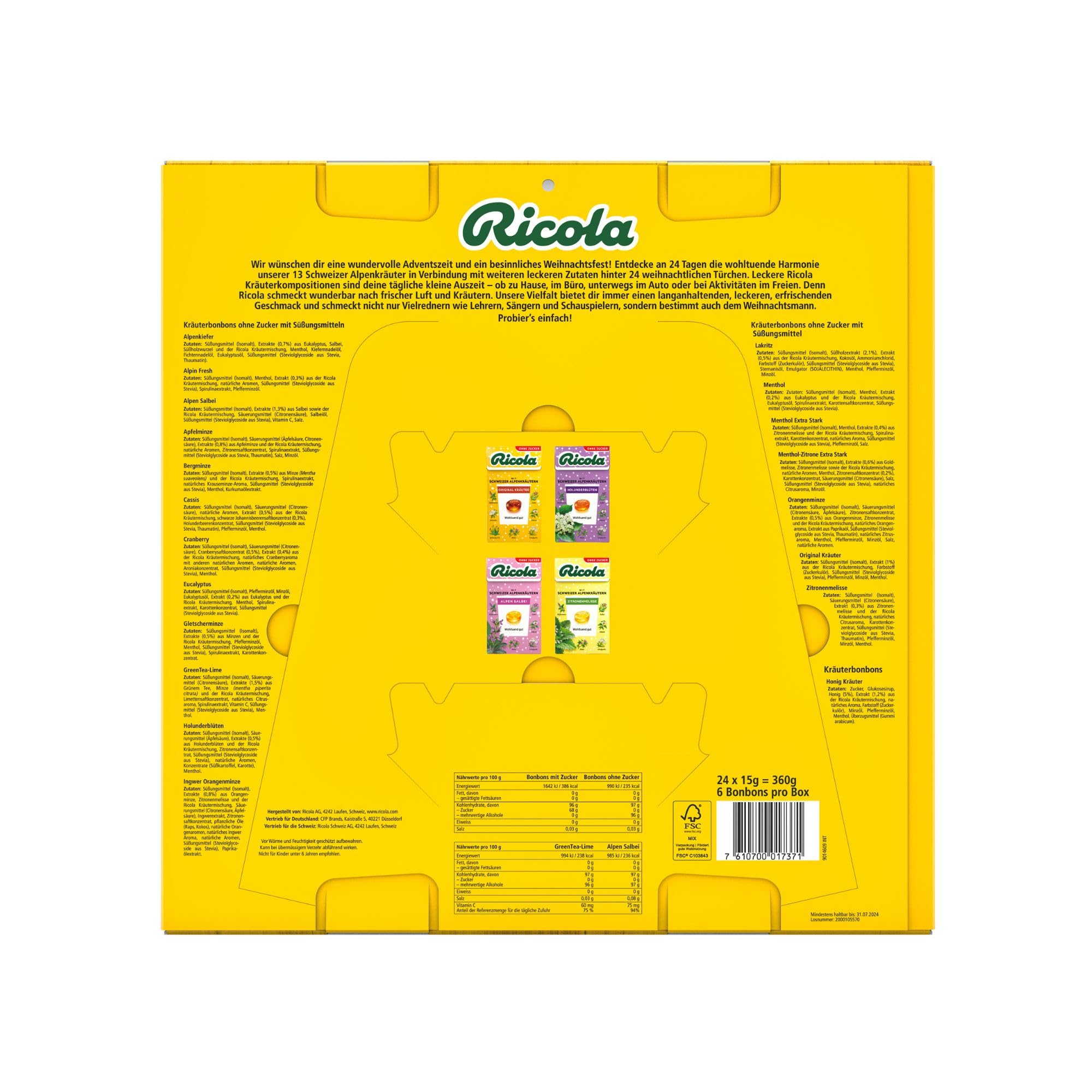 Ricola Adventskalender 2025, 24 Türchen, Mix aus Kräuter-Bonbons, Süßigkeiten Weihnachts-Kalender, geeignet für Kinder und Erwachsene, 1 x 360g (Verpackungsdesign kann abweichen)