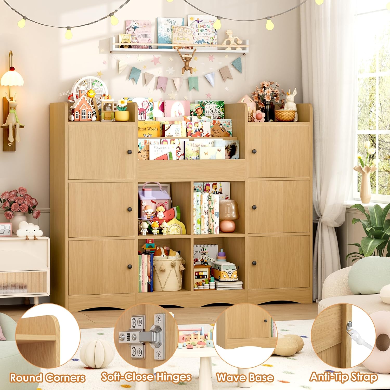 FINETONES Toy Shelf and Toy Storage, 55" Large Kids Bookshelf Toy Organizers and Storage with 10 Cubbies and 4 Tier Shelf, Toy Organizer and Chest with Raised-Edge Top Shelf for Playroom, Natural