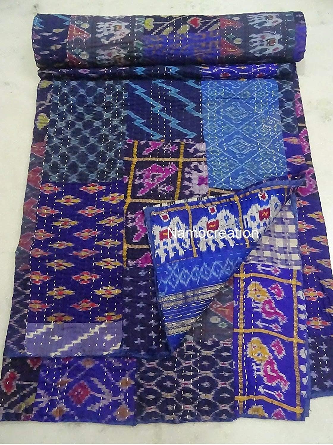 Silk Patchwork patola Kantha Quilt Handmade Sofa Cover Bohemian Bedspread Reversible Throw Blanket California King/Queen/Twin Size (Dark Red, 60x90 Inches)