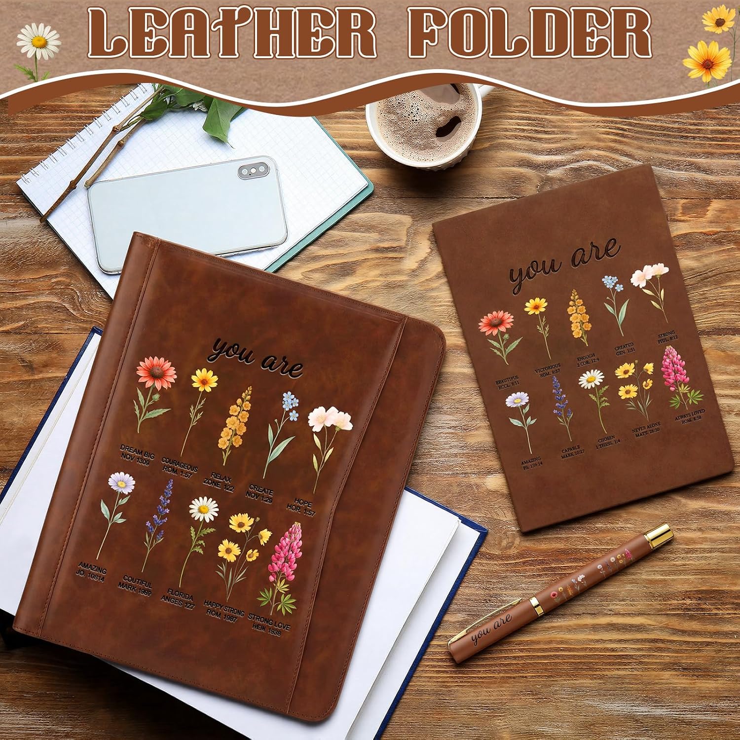Fuyoooo 3 Pcs Mother's Day Christian Gifts for Women Church Floral Pastor's Appreciation Gifts Inspirational Leather Bible Verse Christian Portfolio Scripture Notebook Pen Religious Gift for Women