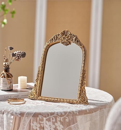 Miniatura 2 de Espejo de escritorio con arco dorado retro, 10.2 x 7 pulgadas, espejo de mesa de tocador de resina antigua con soporte para oficina y decoración del