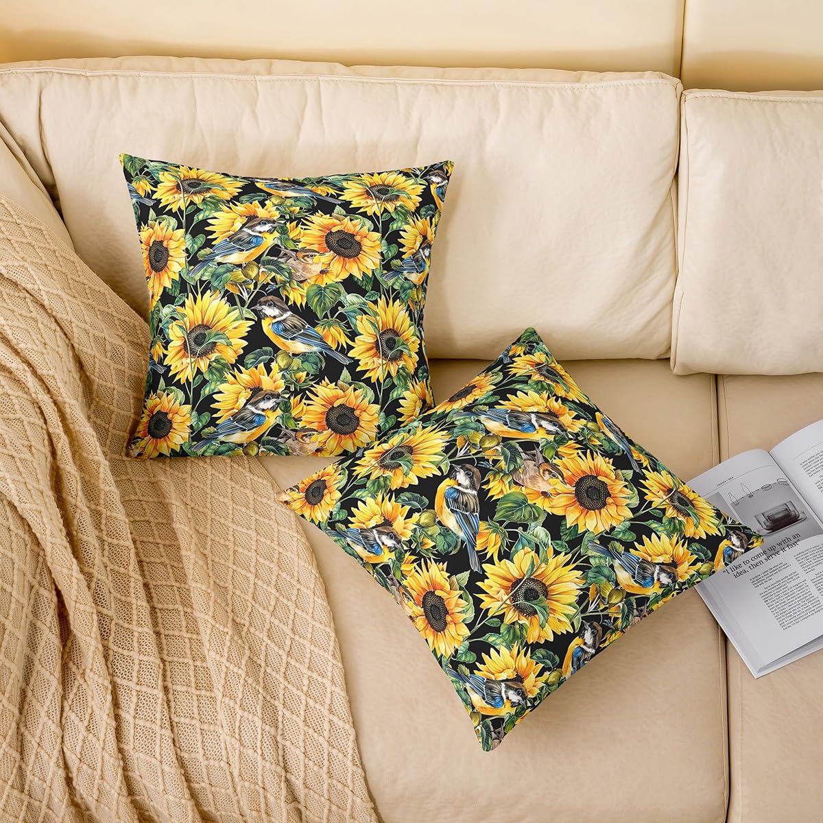Federe Per Cuscini Quadrate 45x45 Cm, 2 Pezzi - Fiori E Uccelli Su Sfondo Turchese, Per Divano E Letto