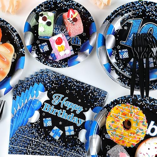 Miniatura 5 de 100 piezas de decoración de cumpleaños número 10 para niños y niñas, juego de servilletas de papel azul marino y negro, vajilla de cumpleaños de dos
