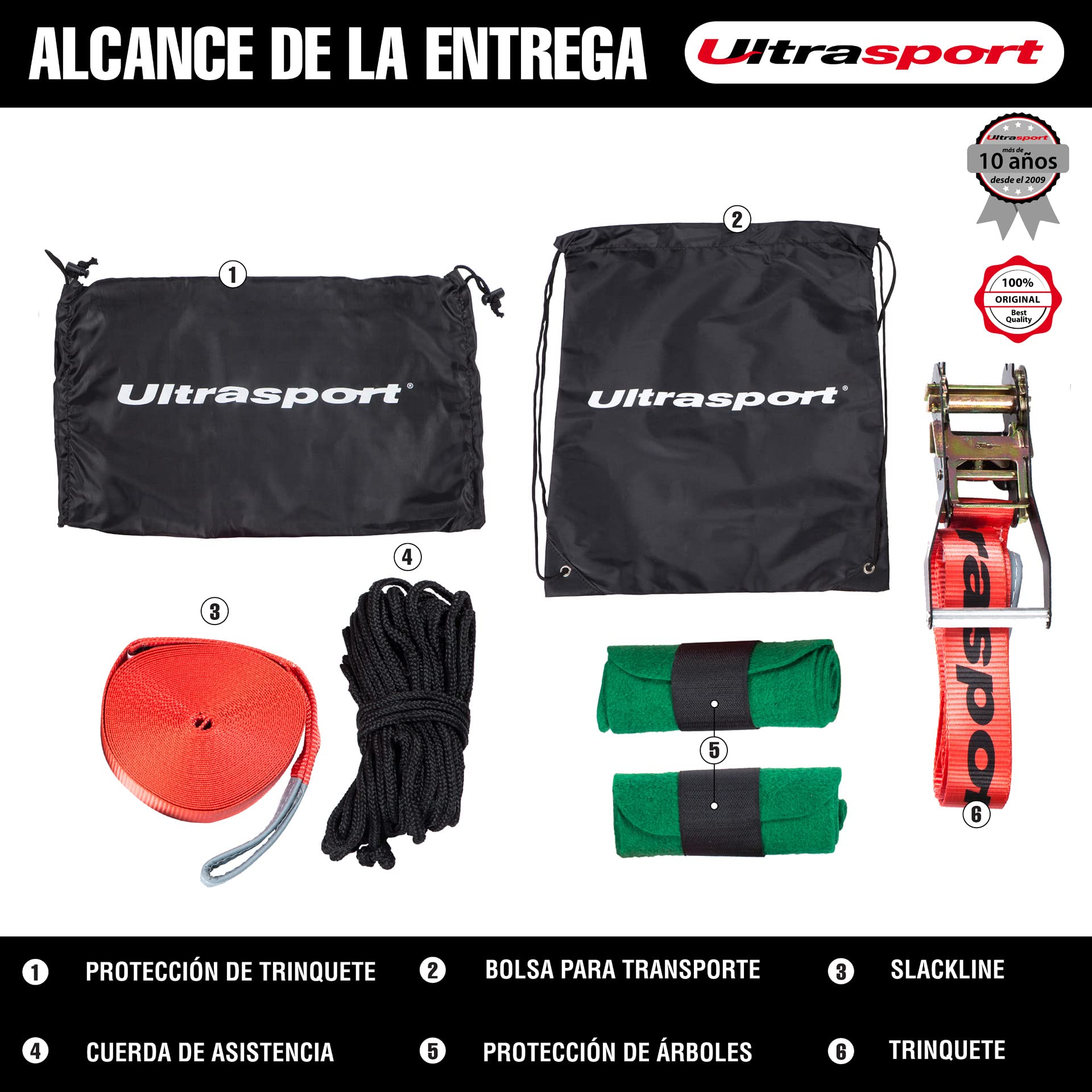 Ultrasport Slackline 15m-25m, con trinquete y Bolsa de Transporte, Juego Completo de Slackline, Disponible con y sin protección de árbol, Fitness Slackline, Certificado TÜV GS, niños y Adultos