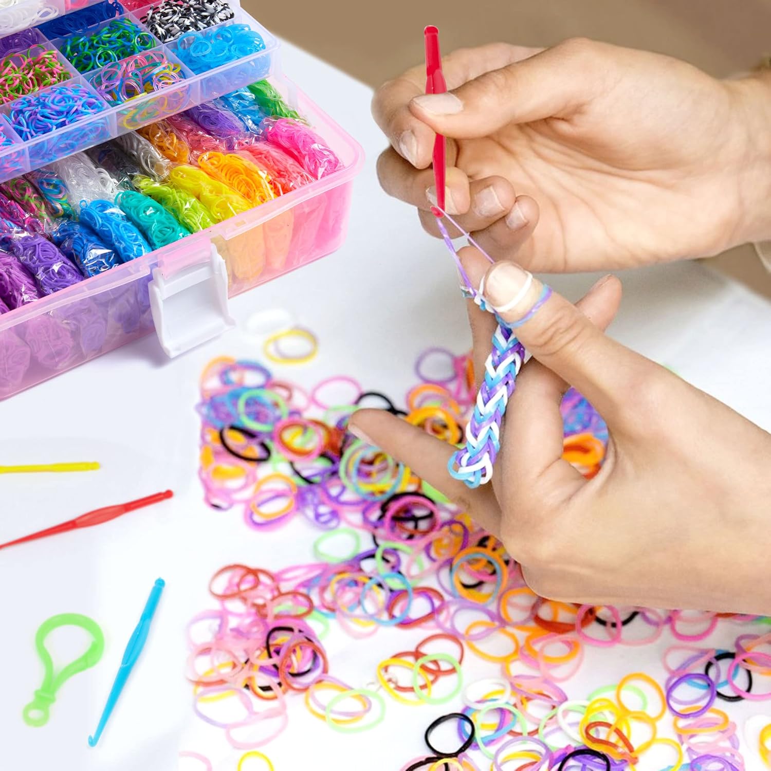 INSCRAFT 17500+ Rubber Loom Bands with 3 Layer Pink Container, 28 Colors, 600 S-Clips, 352 Beads, 40 Cartoon Pendant, Bracelet Making Refill Kit for Kids - Image 4