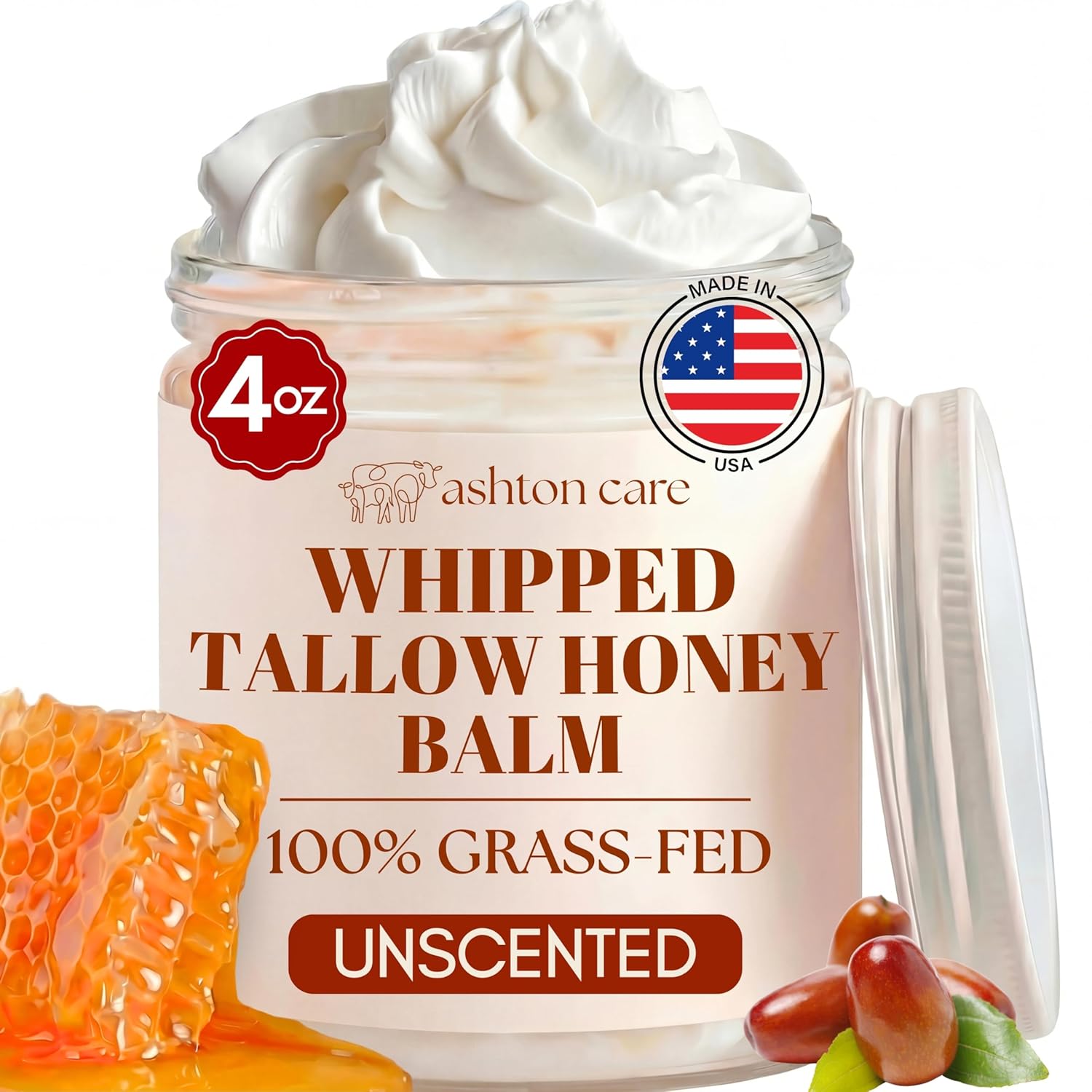 Beef Tallow for Skin - Whipped Unscented Tallow and Honey Balm | Natural Face Moisturizer for Dry & Sensitive Skin | 100% Grass Fed Beef Tallow with Jojoba & Infused Calendula | Handmade in USA | 4oz