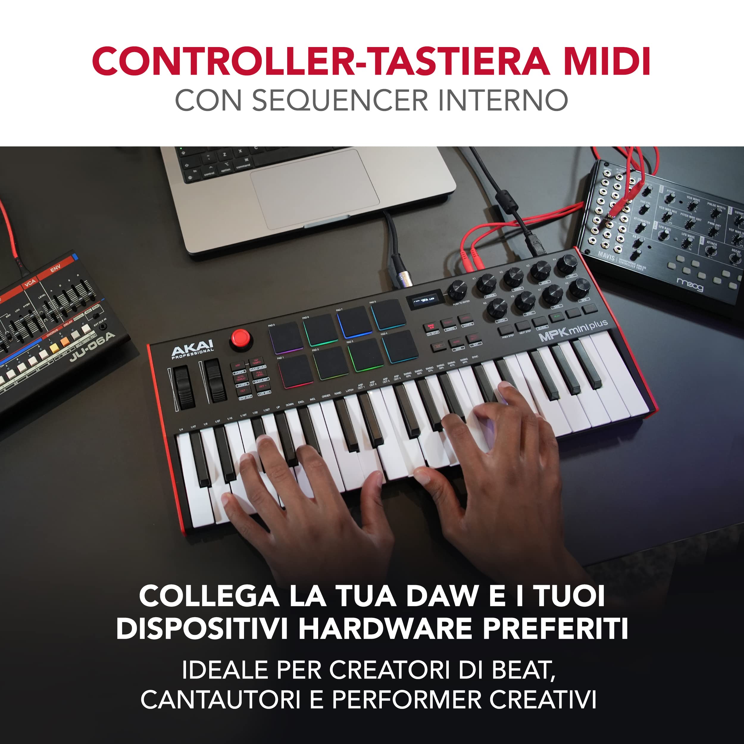 Akai Professional MPK Mini Plus - Controller Tastiera MIDI USB con 37 Mini Tasti, 8 Pad MPC RGB, Manopole Rotary, Software Musicale e Native Instruments Sound Package
