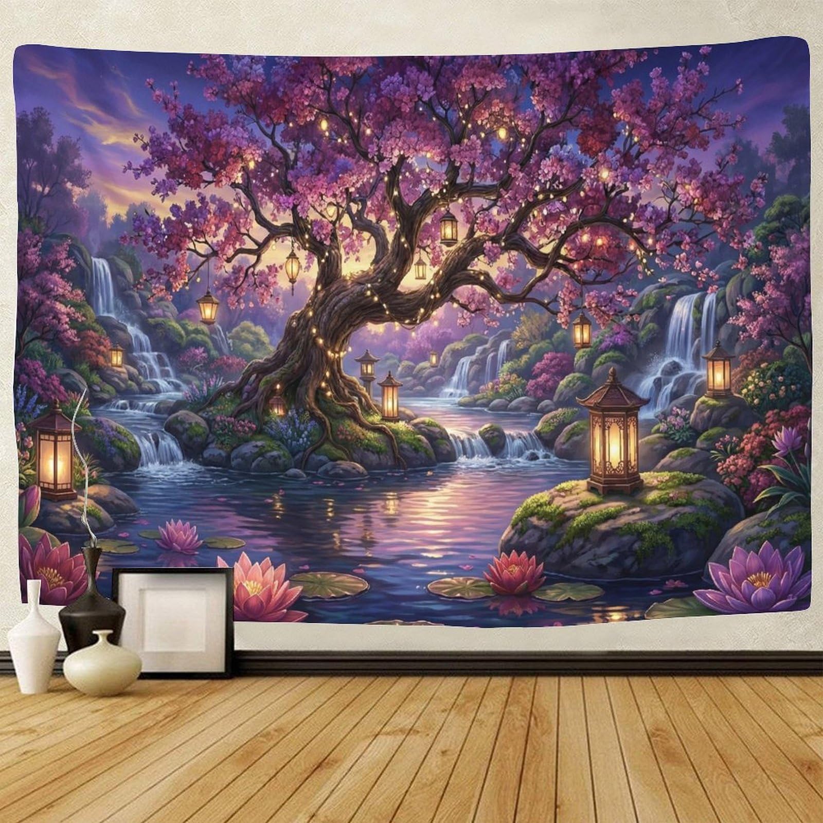 GPMNBCXZK Japanese Sakura Tree 3D Printed Bedroom Waterfall Wall Art Home Wall Tapestry 100cmx150cm
