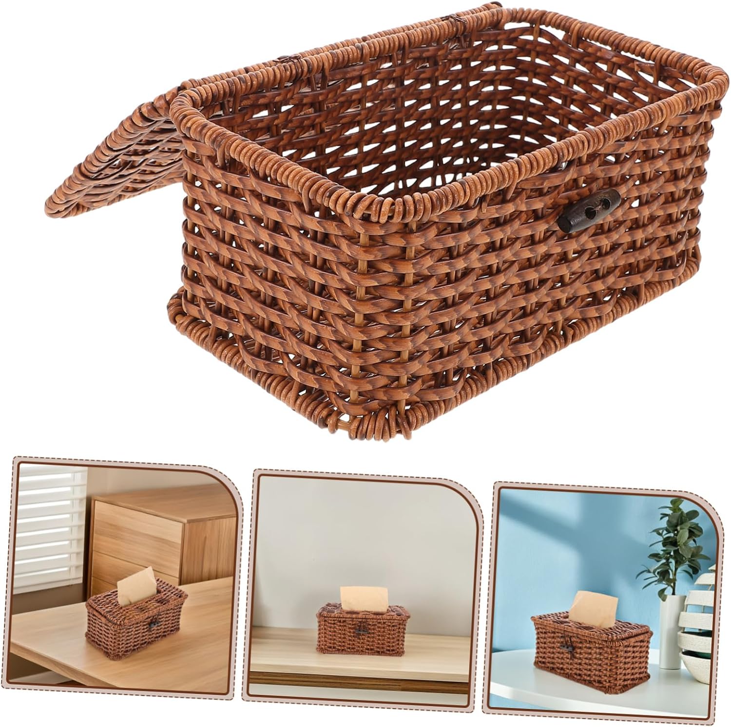 MAGICLULU Faux Rattan Tissue Box Cover Handmade Plastic Rectangular Napkin Paper Dispenser Farmhouse Towel Case for Bathroom Bedroom
